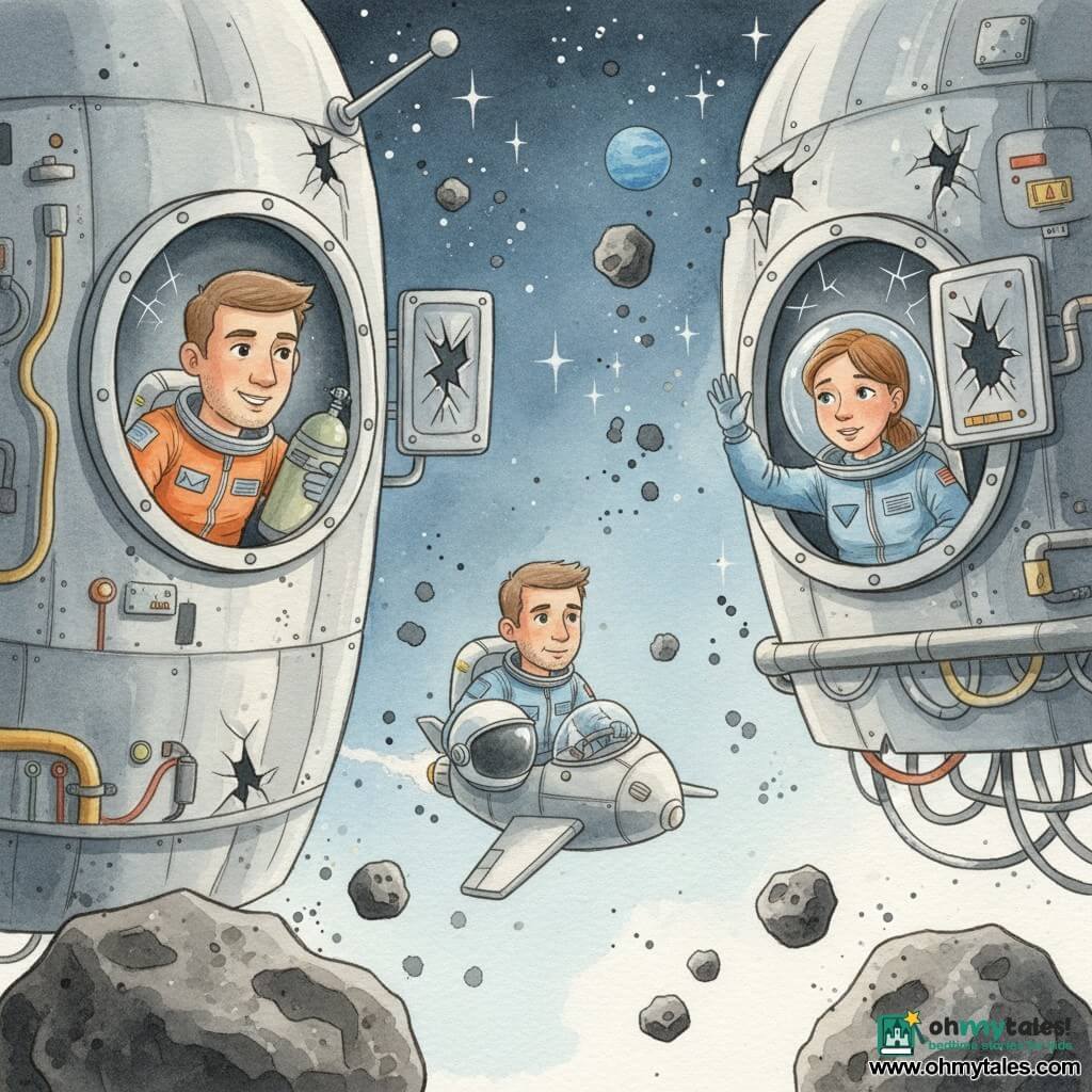 Captain Alex, square-jawed and smiling with short brown hair and a white helmet under his arm, looks determined as he pilots a small silver shuttle weaving through dark gray asteroids toward a damaged metallic space station with twisted panels and exposed pipes; a relieved but tired ~30-year-old female astronaut in a blue suit with tied hair waves from a cracked porthole near a broken vent, while a ~40-year-old male astronaut with stubble in an orange suit holds an oxygen bottle on an external platform against the station wall; stars and a distant blue planet fill the background, watercolor splashes suggest sparks and the void, and the shuttle approaches the cracked porthole to repair the oxygen—soft pastel colors for the characters, darker contrasts for the asteroids, and sharp facial and suit details.