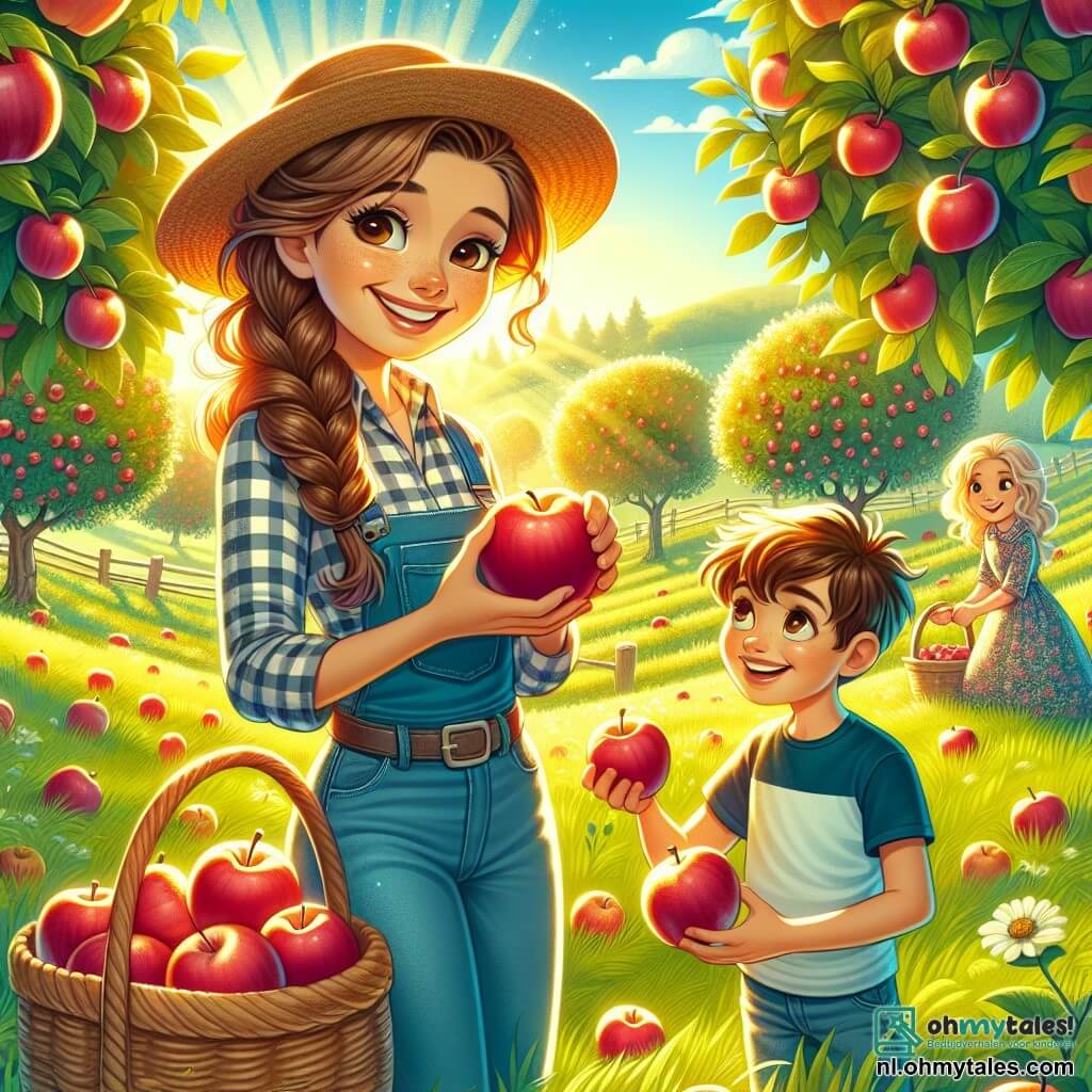 Een boerin, Lena, die glimlacht en vol leven zit, staat in het midden van een zonnige boomgaard, omringd door appelbomen vol met rode, glanzende appels. Ze draagt een geruite blouse, een spijkerbroek en een strohoed, en ze buigt zich lichtjes om een appel te plukken, met een aanstekelijke vreugde op haar gezicht. Naast haar kijkt een jongen genaamd Tim, ongeveer 8 jaar oud met rommelig bruin haar en een blauwe t-shirt, vol verwondering naar haar terwijl hij een grote appel in zijn hand houdt. Iets verderop vult een meisje genaamd Sara, ook 8 jaar oud met vlechten en een bloemenjurk, een grote mand met appels en toont een grote glimlach van tevredenheid. De plek is een groene boomgaard, badend in gouden licht, met bloeiende fruitbomen en een heldere blauwe lucht met enkele donzige witte wolken. De grond is stralend groen en enkele wilde bloemen voegen kleur toe. De hoofdscène toont Lena en de kinderen die samen appels plukken, terwijl ze lachen en momenten van vreugde delen, wat de teamgeest en het plezier van het werken op de boerderij illustreert.