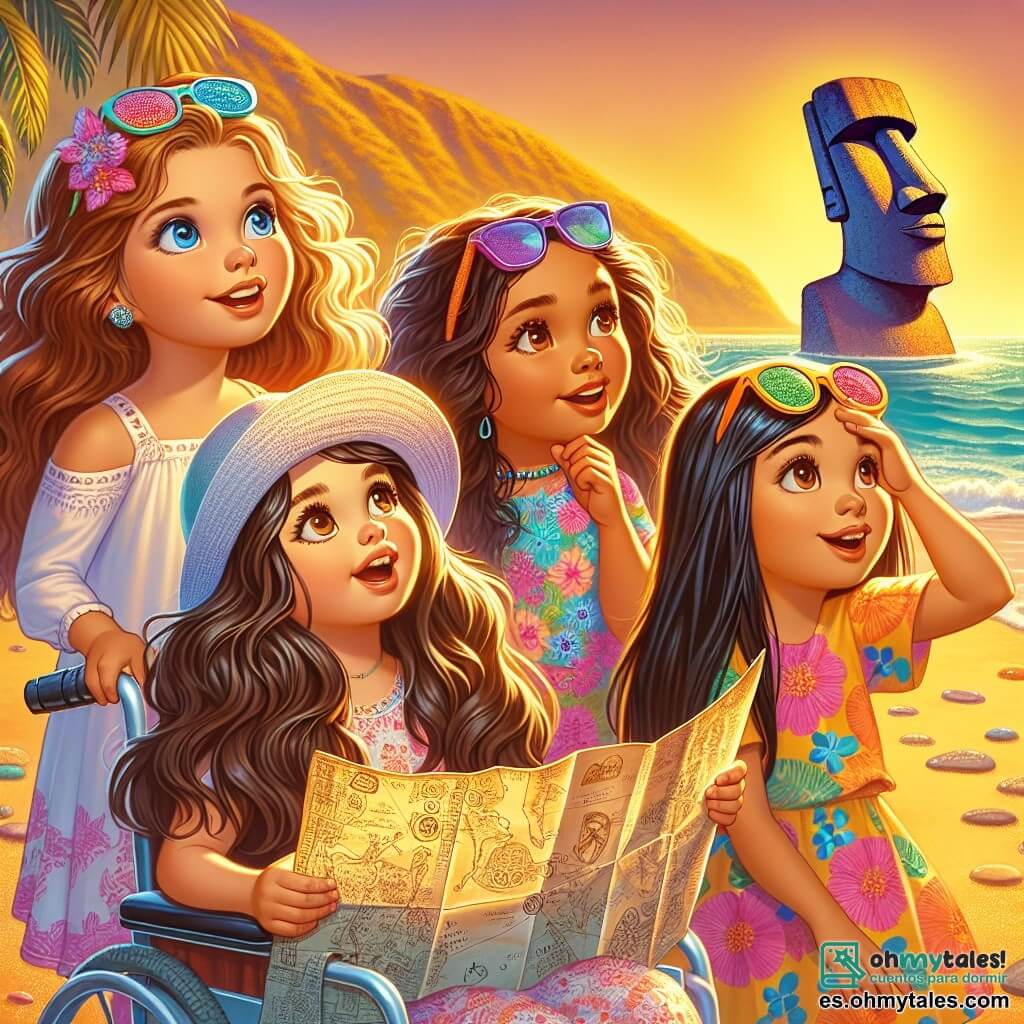 En primer plano, cuatro chicas de siete años están juntas en una playa soleada. Lucía, con largos cabellos castaños y gafas de sol coloridas, sostiene un viejo mapa del tesoro, sonriendo con entusiasmo. A su derecha, Valeria, con cabello rubio y rizado, lleva un sombrero de paja y observa con curiosidad un moai a lo lejos. A la izquierda, Sofía, con cabello castaño y un bonito vestido de flores, está sentada en su silla de ruedas, riendo alegremente mientras sostiene una concha. Finalmente, Elena, con cabello negro y liso, hace un gesto de descubrimiento señalando hacia el horizonte. El escenario es una hermosa playa de arena dorada, rodeada de palmeras verdes y aguas turquesas brillando bajo el sol. Al fondo, se ven majestuosos moais, estatuas de piedra de rostros misteriosos que parecen vigilar la isla. La situación principal muestra a las cuatro amigas en plena exploración, felices de descubrir los secretos de la isla de Pascua, con sonrisas radiantes y una palpable atmósfera de aventura.
