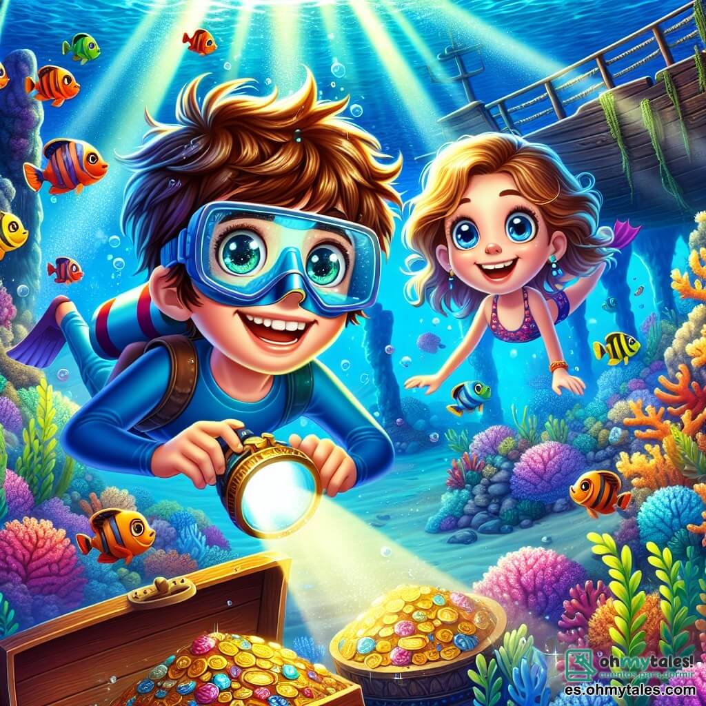 Un chico de 12 años, Lucas, con el cabello castaño desordenado y ojos llenos de curiosidad, nada con entusiasmo en aguas cristalinas, rodeado de peces coloridos. Lleva un bañador azul y una máscara de buceo, y su rostro expresa una intensa alegría y una palpable emoción. A su lado, su mejor amiga Marina, una chica de 12 años con cabello largo y rubio, sonríe con asombro, sosteniendo una lámpara de buceo que ilumina las maravillas submarinas. El fondo marino está lleno de corales vibrantes, plantas acuáticas ondulantes y rayos de luz que se filtran a través de la superficie del agua, creando una atmósfera mágica. La escena principal muestra a Lucas y Marina explorando un antiguo naufragio, un barco de madera cubierto de algas, con tesoros brillantes que emergen de la oscuridad, revelando monedas de oro y objetos misteriosos.
