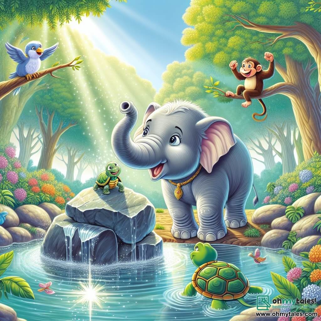 A majestic elephant named Elwin, with silver skin and star-like bright eyes, stands by a sparkling spring, displaying an expression of determination and joy. Beside him, Tilly the turtle, with her sturdy shell and wise demeanor, observes the scene closely, while Bingo the monkey, playful and agile, hangs from a branch above, laughing and cheering Elwin on. The setting is the Serenity Spring, a small pool of crystal-clear water surrounded by colorful flowers and tall trees with shimmering leaves, where sunlight filters through the branches, creating magical reflections on the water. The main scene shows Elwin lifting a large rock to release the flow of water, while bursts of joy and wonder emanate from the surrounding forest creatures.