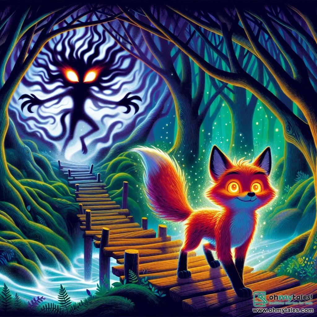 A clever young fox named Felix, with a vibrant coat and sparkling curious eyes, stands bravely at the edge of a rickety wooden bridge, his expression determined and fearless. Beside him, a mysterious silhouette, the creature of shadows, appears with a swirling, blurry shape and glowing eyes like embers, watching Felix with intriguing curiosity. The setting is the dark clearing of Shadow Glen, where ancient trees with gnarled trunks and intertwined branches create a dense canopy of foliage, allowing a few silver moonbeams to filter through. The atmosphere is filled with mystery, with dancing shadows and a light fog enveloping the ground. The main scene shows Felix ready to cross the bridge, defying the fear around him, while the shadow creature observes him, a mix of wonder and amusement in its gaze.
