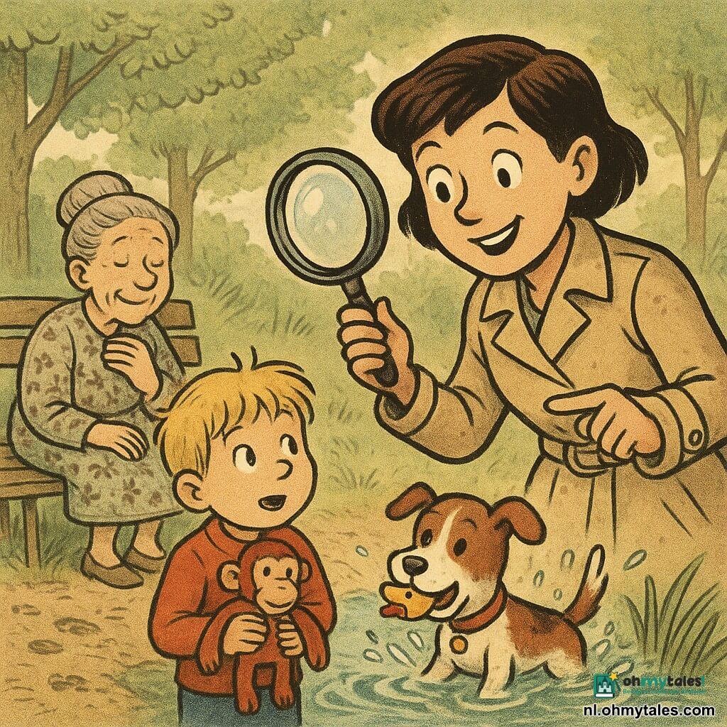 Detective Noor, glimlachend en trots, ±30, kort bruin haar, beige trenchcoat, houdt een grote glanzende loep en wijst naar de vijver; jongen Max, ±7, warrig blond haar, kijkt verwonderd, houdt een rood aapknuffeltje tegen zijn borst, staat naast Noor; mevrouw De Vries, ±75, grijs haar in een knot, bloemenjurk, zit links op een houten bank, hand op haar hart, opgelucht; hond Pippa, klein bruin-wit met rode halsband, komt uit het water met glinsterende druppels en een geel plastic eendenspeeltje in haar bek; park: vijver met riet, modderige oever met kleine poot- en kindervoetjes, houten bank, bomen met lichtgroene bladeren en ochtendzon; scène: blije hereniging aan de vijver, Pippa springt uit het riet, water spat en kringelt, Noor toont het met haar loep, Max klapt, mevrouw De Vries glimlacht opgelucht.