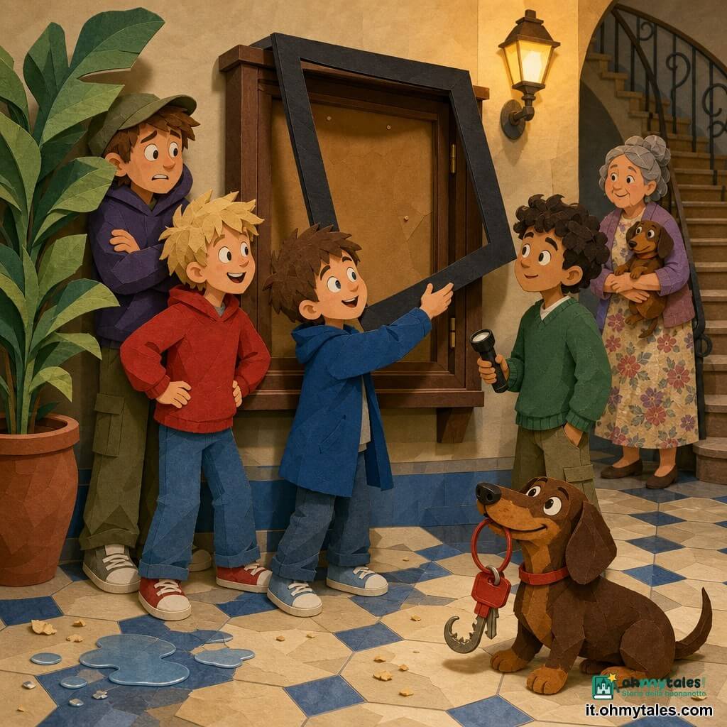 Sei personaggi: quattro bambini—Nico, 11 anni, capelli corti castani, occhi vivaci, cappotto blu, solleva delicatamente una cornice nera al centro del hall; Leo, 11 anni, capelli biondi spettinati, sorriso eccitato, felpa rossa, a sinistra con le mani sui fianchi; Sami, 11 anni, pelle olivastra, capelli ricci, espressione concentrata, maglione verde, a destra con una piccola torcia spenta; Tommi, 11 anni, più alto, capelli castani, aria comica e preoccupata, berretto, leggermente indietro a sinistra con le braccia incrociate; la signora Galli, donna di circa 50 anni, vestito a fiori, capelli grigi raccolti, tiene un piccolo bassotto bruno; Bruno, il bassotto, piccolo cane lungo e bruno, occhi vivaci, nella bocca un mazzo di chiavi rosse, seduto in primo piano a destra con una cordicella rossa e un gancetto metallico morsicato. Luogo: hall di un palazzo antico, pavimento a piastrelle crema e blu lucide, grande ficus a sinistra, bacheca in legno con cornice nera staccata al centro, scala a chiocciola sullo sfondo, luce calda da un applque, tracce d’acqua e briciole sul pavimento. Situazione: scoperta collettiva: i bambini attorno alla bacheca aperta, cornice sollevata che mostra il retro vuoto; Bruno trionfa mostrando il mazzo di chiavi che tutti cercavano; espressioni di sorpresa, divertimento e sollievo, atmosfera leggera e eroica, colori caldi e contrasti netti, stile con texture da carta ritagliata.
