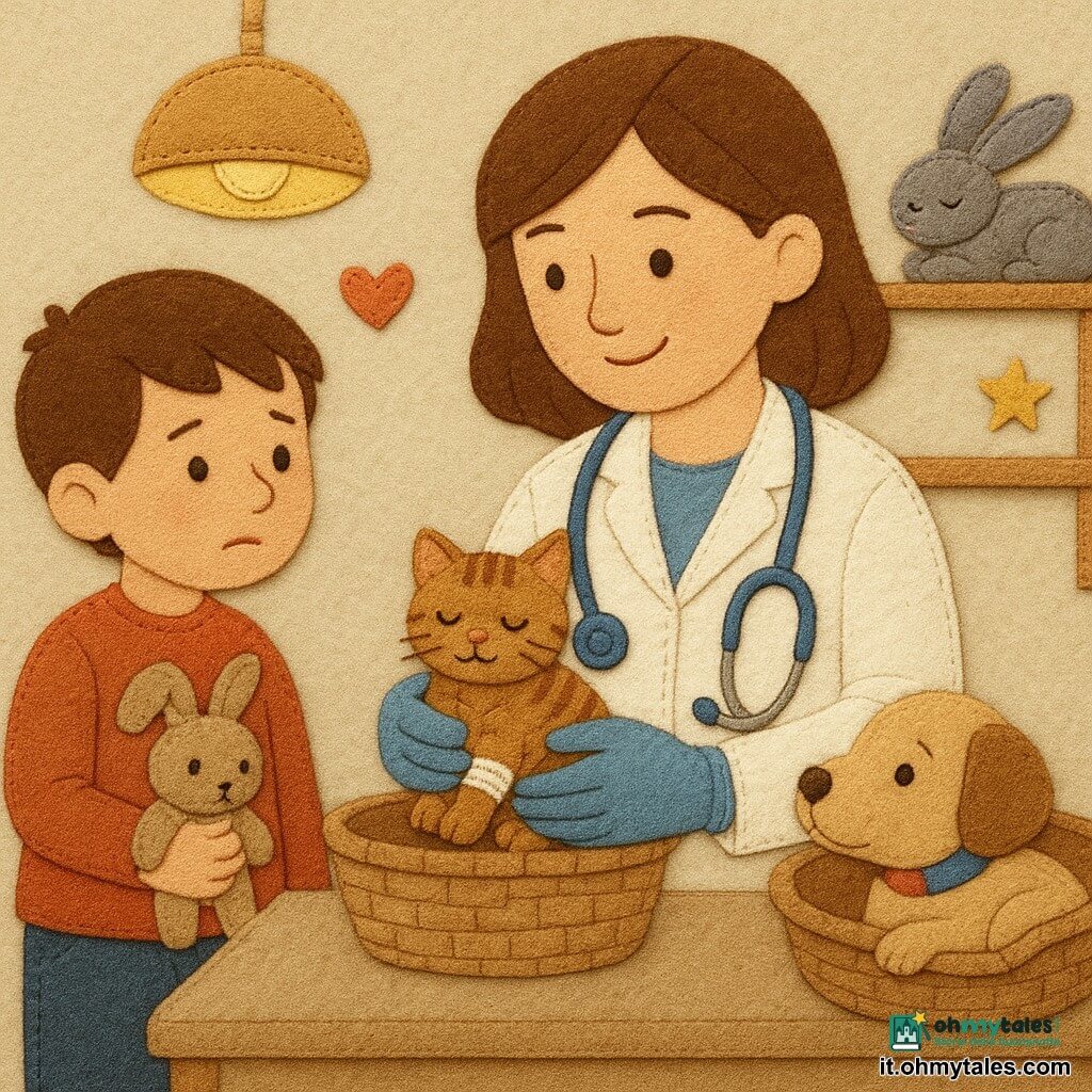 Veterinaria adulta dal viso dolce e sorridente, occhi attenti, camice bianco, stetoscopio blu e mani guantate che tengono delicatamente un gattino ferito; un bambino di circa 6 anni dai capelli castani, preoccupato ma fiducioso, abbraccia una peluche e sta a sinistra; gattino tigrato in un cesto sulla tavola con una piccola fasciatura alla zampa; cucciolo beige con orecchia cascante e bendaggio in un cesto a terra a destra, sguardo riconoscente; coniglio grigio che sonnecchia in una nicchia di vimini su una mensola sullo sfondo; ambiente interno di una piccola clinica veterinaria accogliente con pareti in tessuto pastello, scaffali in legno e lampade tonde che diffondono una luce soffusa; scena principale: la veterinaria esamina il gattino decidendo con calma le cure mentre il bambino e gli altri animali attendono fiduciosi.
