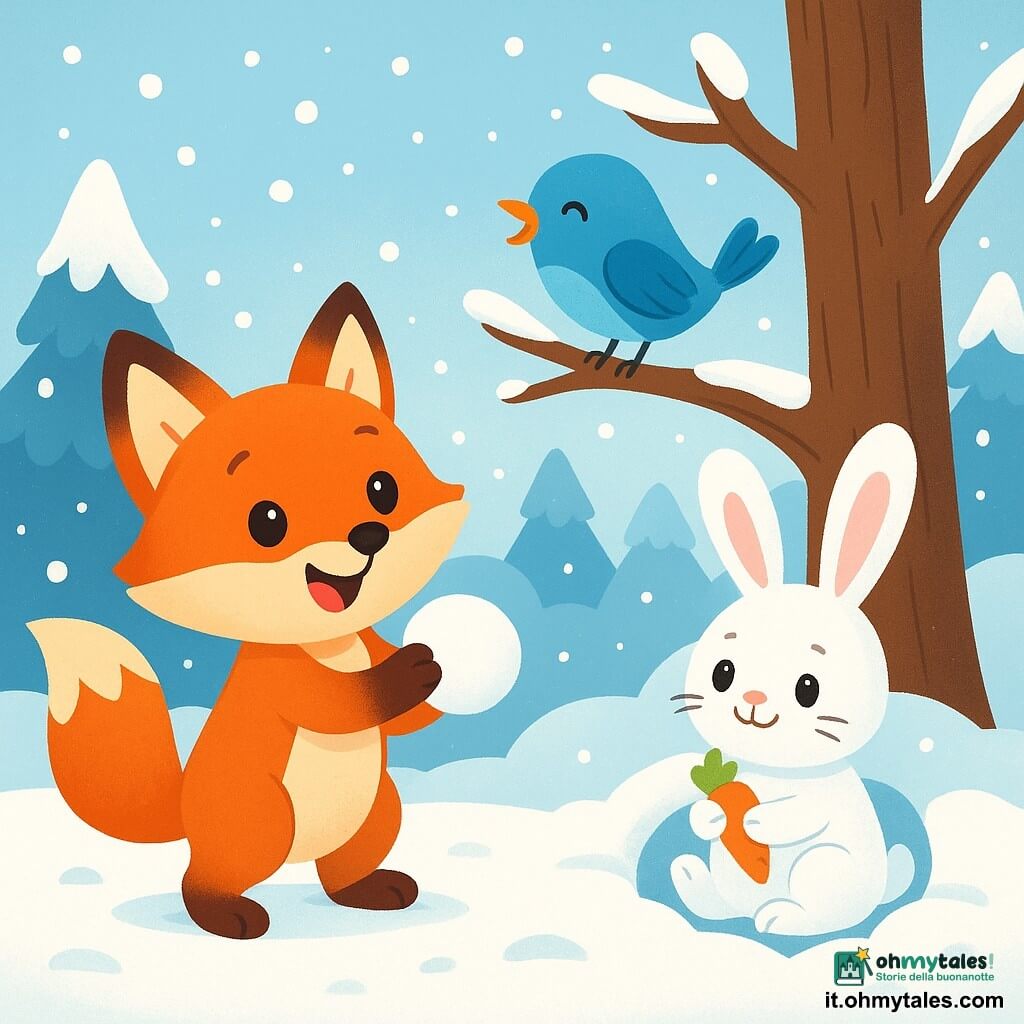 Una piccola volpe dal pelo rosso brillante e dagli occhi scintillanti di curiosità gioca nella neve, con le zampe che affondano nel manto bianco. Sorride gioiosamente e le sue orecchie sono ritte, pronte ad ascoltare i suoni dell'inverno. Un piccolo uccellino blu, appollaiato su un ramo, guarda la volpe con aria divertita, le piume brillanti che scintillano sotto il sole invernale. Canta allegramente, aggiungendo un tocco di colore al paesaggio. Un adorabile coniglio dalle grandi orecchie bianche si trova nei paraggi, rosicchiando una carota arancione, con gli occhi rotondi pieni di felicità. Osserva la volpe sorridendo, seduto in un piccolo buco di neve. Il decor è una foresta incantata, dove gli alberi sono coperti di neve scintillante e il terreno è rivestito da un spesso manto bianco. I fiocchi di neve cadono dolcemente, creando un'atmosfera magica e pacifica. La scena principale mostra la volpe che gioca con una palla di neve, ridendo e saltando felicemente, mentre l'uccello canta e il coniglio rosicchia la sua carota, tutti godendo insieme della bellezza dell'inverno.