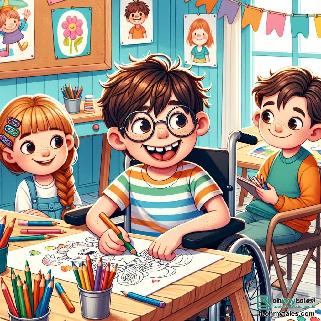 Un ragazzo di 10 anni, Marco, è seduto sulla sua sedia a rotelle, con capelli castani arruffati e occhiali rotondi che scivolano sul naso. Il suo viso esprime una gioia splendente e una curiosità vivace mentre disegna con pastelli su un grande foglio di carta. Accanto a lui, una ragazza di 9 anni, Sofia, con capelli biondi intrecciati e un apparecchio acustico colorato, sorride tenendo una matita in mano, pronta ad aiutarlo. Più in là, un ragazzo di 10 anni, Leonardo, con occhiali e un sorriso amichevole, osserva attentamente, tenendo un libro di disegni illustrati. La scena si svolge in una stanza luminosa e accogliente, con pareti dipinte di blu pastello e poster colorati di disegni di bambini appesi. Le tavole di legno sono disposte in cerchio, coperte di materiali artistici: matite, pennarelli, carte di diverse texture e colori. Marco e i suoi amici collaborano a un progetto artistico, scambiando idee e risate, creando insieme un grande affresco pieno di colori e immaginazione, simbolo di amicizia e creatività.
