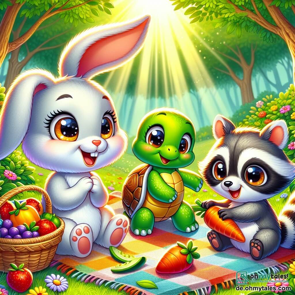 Ein kleiner Hase mit großen Ohren und weichem, seidig glänzendem Fell, mit funkelnden, neugierigen Augen, sitzt auf einer bunten Decke, umgeben von köstlichen frischen Früchten. Er zeigt ein breites Lächeln und ist offensichtlich glücklich, einen freudigen Moment zu teilen. Neben ihm beugt sich eine kleine Schildkröte mit glänzendem grünen Panzer, mit einem schelmischen Blick, um eine Karotte zu greifen; ihr Gesichtsausdruck zeigt Aufregung. Ein kleiner Waschbär mit schwarz-weißen Streifen, mit einem schelmischen Gesichtsausdruck, steht etwas im Hintergrund und jongliert mit Beeren, sein Gesicht strahlt vor Stolz. 

Die Szene spielt in einer sonnigen Lichtung, umgeben von majestätischen Bäumen mit leuchtend grünen Blättern, und bunten Blumen, die den Boden bedecken. Sonnenstrahlen filtern durch die Äste und schaffen eine warme, einladende Atmosphäre. 

Die drei Freunde sind für ein Abenteuer-Picknick versammelt, lachen und teilen lustige Geschichten, während ein leichter Wind die Blätter um sie herum tanzen lässt und diesem Moment der Kameradschaft einen Hauch von Magie verleiht.