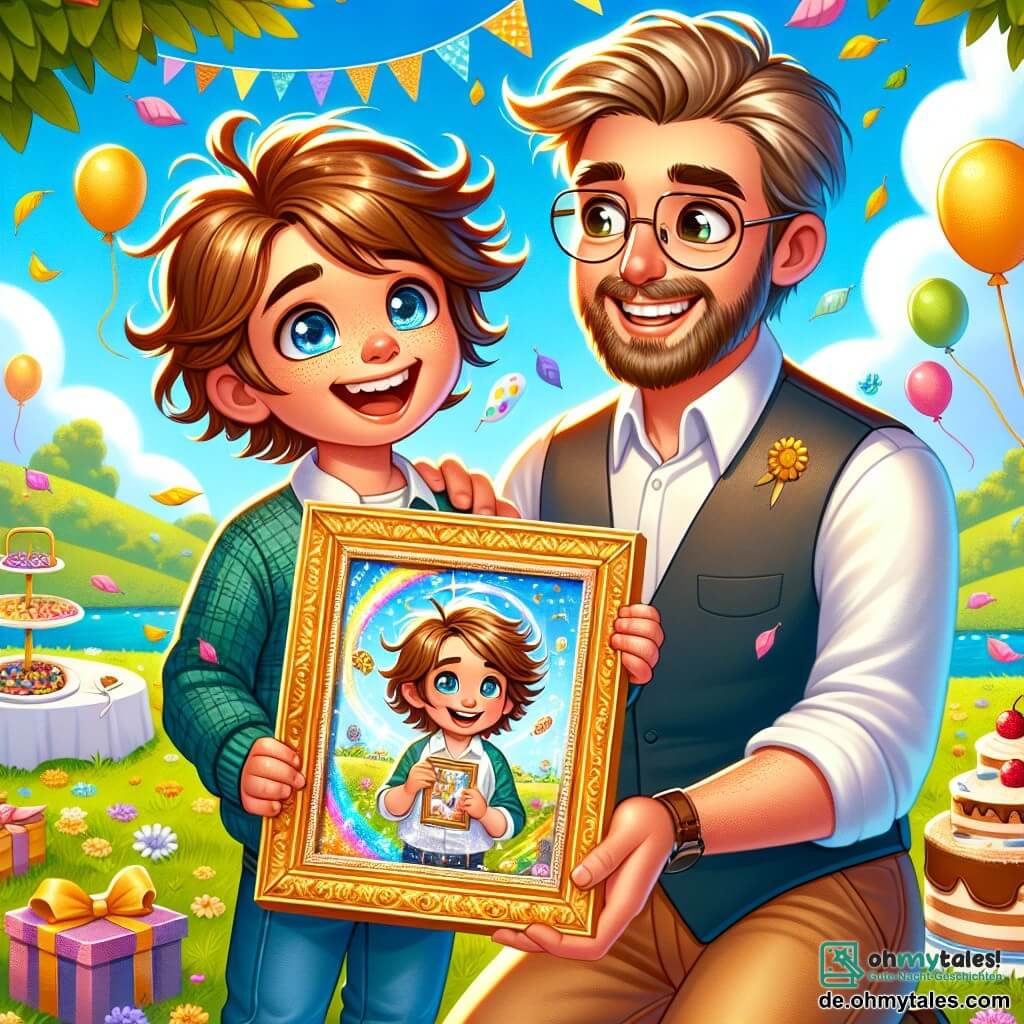 Ein 8-jähriger Junge namens Max mit zerzausten braunen Haaren und strahlenden Augen hält einen goldenen Rahmen mit einem magischen Foto darin. Er lächelt breit, voller Aufregung und Liebe. Neben ihm steht sein Papa, ein Mann in den Dreißigern mit einem leichten Bart und einer Brille, der den Rahmen mit Staunen betrachtet, seine Augen glänzen vor Nostalgie. Sie befinden sich in einem sonnigen Garten, der mit bunten Blumen und schwebenden Ballons gefüllt ist, mit einem großen Picknicktisch, der mit Süßigkeiten dekoriert ist. Die Szene zeigt Max, der stolz das Geschenk seinem Papa überreicht, während ein sanfter Wind die Blätter der Bäume um sie herum tanzen lässt und eine fröhliche und warme Atmosphäre schafft.