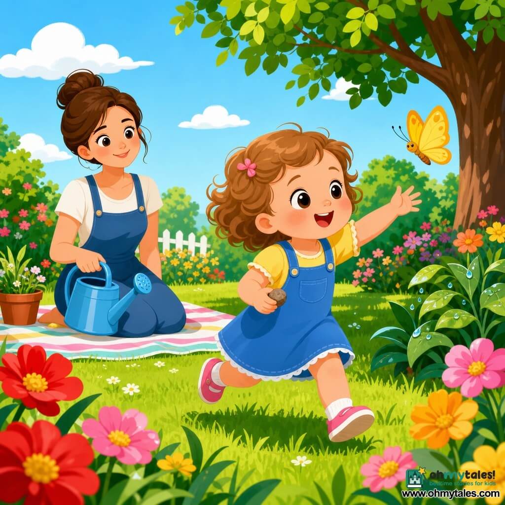 A joyful, amazed 2-year-old girl with light brown curly hair, rosy cheeks and bright round eyes follows a yellow butterfly while holding a small round stone in her hand; a gentle smiling mother of about 30 with brown hair in a bun sits a few steps behind on a striped blanket holding a blue watering can and watching tenderly; the bright summer garden has a soft green lawn, colorful flowers (red, pink, yellow), a light blue sky with a few white clouds and a shady tree to the right; the scene shows the girl gently running toward the butterfly above the flowers, the mother nearby with the watering can beside her and a few sparkling water droplets on leaves, with vivid contrasting colors, simple shapes, clear outlines and a warm, safe atmosphere.