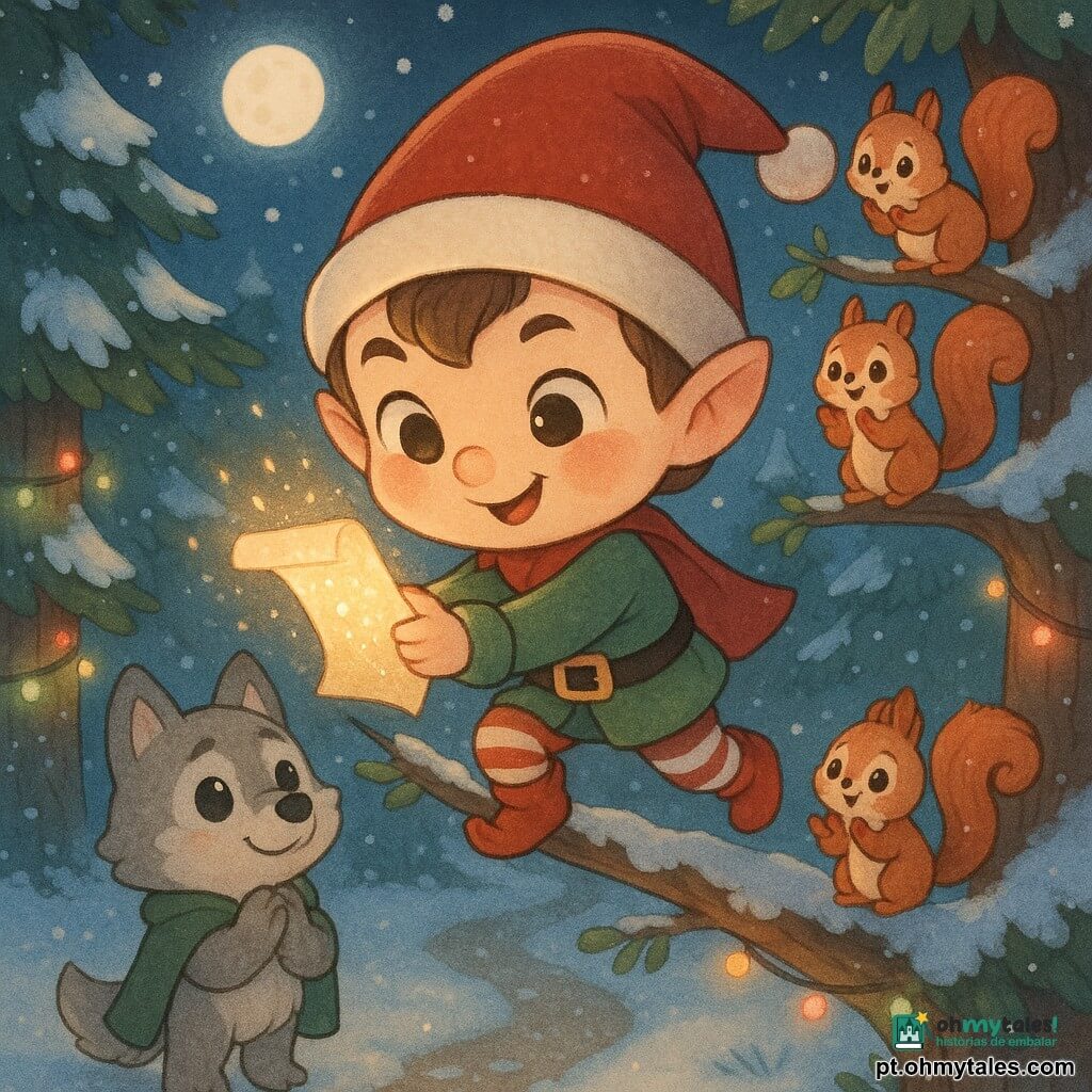 Pequeno elfo de Natal chibi, rosto redondo e bochechas coradas, grande gorro pontudo vermelho com pompom branco, olhos brilhantes e sorriso malicioso, segurando uma folha de papel brilhante (a lista perdida) enquanto sobe em um galho nevado; lobo amigo chibi de pelo cinza, capa verde, de pé no caminho sob a árvore com as mãos juntas, olhando o lutinho com admiração; dois esquilos chibi de pelo ruivo com pequenas guirlandas nas caudas, empoleirados em galhos próximos aplaudindo; floresta noturna coberta de neve com pinheiros cintilantes, luzes coloridas enroladas nos troncos, lua cheia e flocos caindo, atmosfera aconchegante; cena alegre e luminosa centrada na árvore e na folha brilhante, em estilo kawaii com paleta pastel e contrastes quentes (vermelho, verde, dourado).