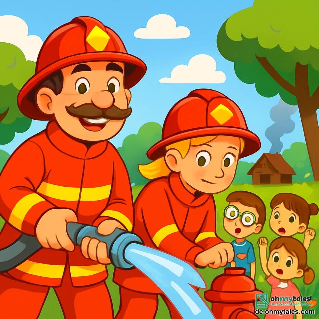 Ein Feuerwehrmann, Paul, mit einem großen braunen Schnurrbart und einem warmen Lächeln, trägt eine glänzende rote Uniform und einen Feuerwehrhelm. Er leitet ein Team von Feuerwehrleuten und hält einen dicken Feuerwehrschlauch, mit funkelnden Augen voller Aufregung und Entschlossenheit. Neben ihm passt eine Feuerwehrfrau, Lena, etwa 30 Jahre alt mit einem Pferdeschwanz, den Wasserhahn eines Hydranten an, konzentriert und bereit zu handeln. Im Hintergrund schaut eine Gruppe von Kindern, darunter ein 6-jähriger Junge namens Ben mit Brille und einem blauen T-Shirt, fasziniert zu, während ein 5-jähriges Mädchen, Mia, mit Zöpfen und einem rosa Kleid, die Hand hebt, um eine Frage zu stellen. Die Szene spielt in einem grünen Park mit laubtragenden Bäumen, bunten Blumen und einem strahlend blauen Himmel. In der Ferne raucht eine kleine Holzhuette leicht, was auf ein kleines Feuer hinweist, das die Feuerwehrleute löschen wollen. Die Hauptsituation zeigt Paul und sein Team in Aktion, bereit, das Feuer mit kräftigen Wasserstrahlen zu löschen, während die Kinder bewundernd und neugierig zuschauen.