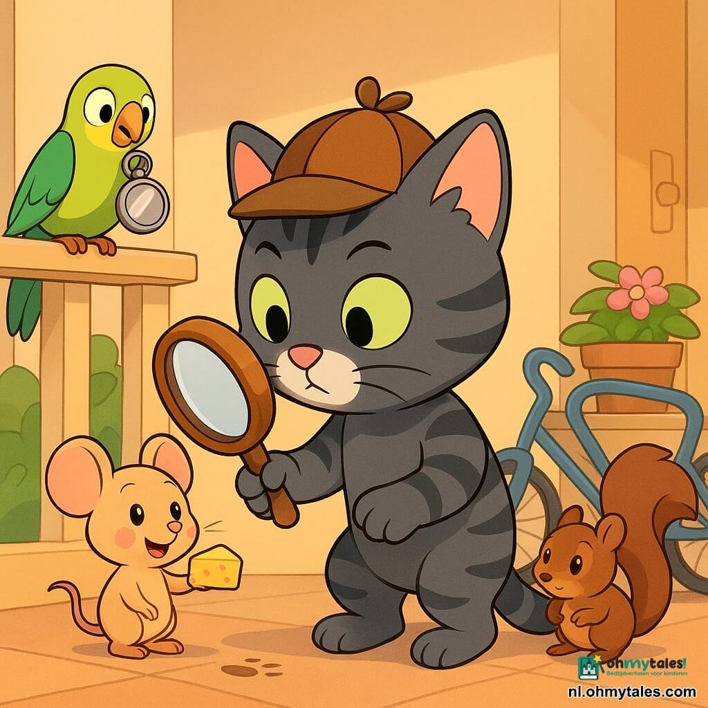 Een grijszwarte gestreepte detectivekat met een wit staartpuntje en heldergroene ogen houdt een houten vergrootglas en snuffelt aan een kleine voetafdruk; naast hem staat een beige muisje met roze wangen op z'n achterpootjes en toont een kruimel kaas; een groen-geel parkietje zit op een leuning met een klein glanzend spiegeltje in de snavel, bezorgd maar dankbaar; een jonge eekhoorn bruin met roodbruine pluimstaart kijkt verlegen maar nieuwsgierig vanuit achter een potplant op een helder verlicht portiek met pastelkleurige muren, versleten deurmat, fietsenrekken en bloempotten in het gouden middaglicht — de kleine speurders hebben verspreide voorwerpen (lege pindakaaspot, spiegeltje, stukje kaas) bijeengebracht in een hoek; vrolijke ontdekkingssfeer, mysterie opgelost, compositie gecentreerd op de kat met het vergrootglas en blikken gericht op de aanwijzingen.