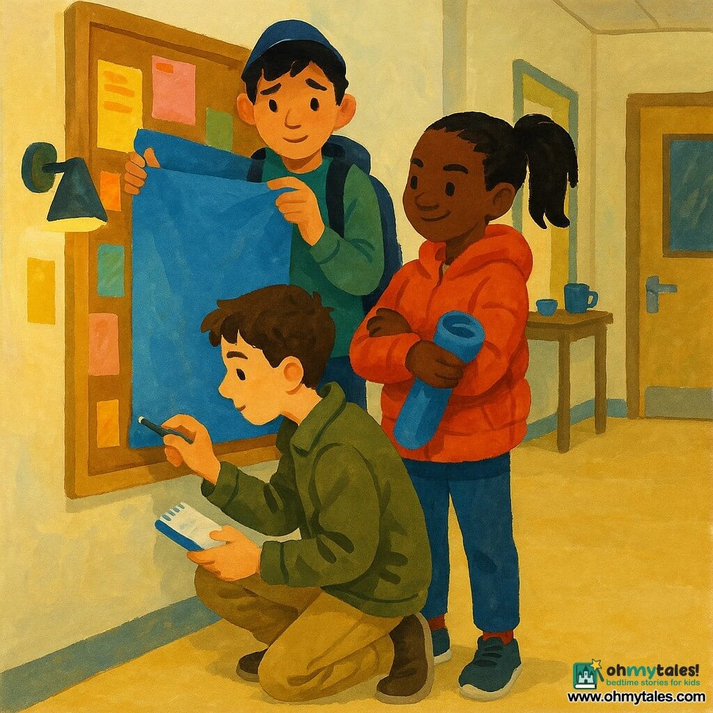 Three 11-year-olds—Milo, a short brown-haired boy in a khaki jacket, crouched left with a small notebook and screwdriver tightening a screw under a frosted glass wall lamp; Lina, a black-haired girl in a red puffer, standing right with arms crossed, holding a rolled blue poster and a mischievous smile; and Owen, a black-haired boy in a navy cap and gray backpack, standing behind them looking embarrassed but relieved, ready to hang the poster—are carefully rehanging a large blue poster on a brown cork display board in a cream-walled community center corridor with beige linoleum, a smoked-glass door and a small table with cups in the background; warm light from the repaired lamp highlights tape traces and loose hairs on the board, creating a precise, honest end-of-investigation mood in thick gouache-like textures and warm colors.