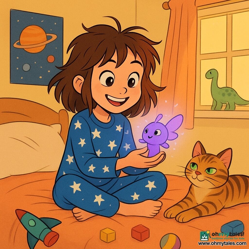 A 12-year-old girl with messy brown hair and sparkling eyes sits on her bed, a mischievous smile on her lips. She is wearing a blue pajama with white stars and holds a small purple giggle in her hands, her expression joyful and amazed. Next to her, a tabby cat, Captain Whiskers, with bright green eyes, lazily stretches on the bed, observing the scene with an amused look. The room is cozy, with soft yellow walls, posters of planets and dinosaurs hanging, and toys scattered on the floor. Soft light filters through the curtains, creating a magical atmosphere. The main scene shows the girl discovering her purple giggle, a small glowing creature that seems ready to take flight, while she softly laughs, surrounded by the peaceful ambiance of her room.