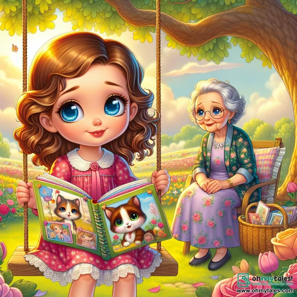 A 7-year-old girl named Lily, with big bright blue eyes and curly brown hair, is sitting on a wooden swing under a large oak tree. Her face shows a gentle melancholy but also a glimmer of comfort as she holds a colorful scrapbook on her lap, flipping through pages filled with drawings and photos of her beloved cat, Mr. Whiskers. Next to her, her grandmother, a 70-year-old woman with silver hair and a warm smile, sits on a picnic blanket. She wears a floral dress and looks at Lily tenderly, sharing joyful memories of their time together. The setting is an enchanting garden filled with vibrant flowers, with roses, tulips, and daisies swaying gently in the breeze. The sky is dotted with soft clouds, allowing rays of golden sunlight to shine through, creating a peaceful and comforting atmosphere. The main scene shows Lily and her grandmother celebrating Mr. Whiskers' memory, surrounded by joyful memories, sharing laughter and stories under the large oak tree, symbolizing love and the continuity of life despite loss.