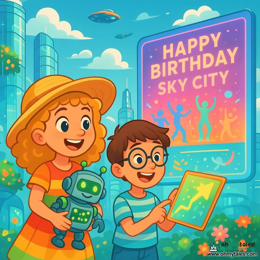An 8-year-old girl named Zara, with curly golden hair, wears a light dress in bright colors and a sunny hat. She has sparkling curious eyes and a big smile on her face while holding a small robot named Twiki, which lights up with green lights and makes a joyful sound. Next to her, a 9-year-old boy named Lucas, with messy brown hair and round glasses, is looking at a shiny map he found. He is dressed in a striped t-shirt and denim shorts, appearing excited as he points to a direction on the map. The setting is a floating futuristic city with shimmering glass buildings, hanging gardens filled with glowing flowers, and hovercars flying in the blue sky. Fluffy clouds float around the structures, adding a touch of magic. The scene shows Zara and Lucas, amazed in front of a huge holographic billboard announcing the Sky City birthday festivities, with vibrant colors and dancing animations. They are ready for an adventure, eager to discover the surprises that await them.