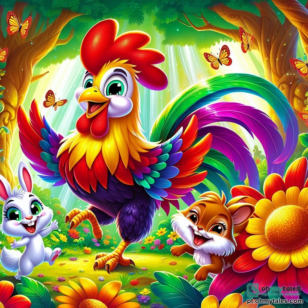 Um galo colorido chamado Cacareco, com penas brilhantes de vermelho, amarelo e verde, está no centro da imagem, exibindo um grande sorriso alegre e olhos brilhantes de excitação. Ele dança batendo as asas, cercado por flores vibrantes e borboletas. Ao seu lado, um coelhinho chamado Rabito, com grandes orelhas e pelagem branca, salta alegremente, rindo com dentes brancos brilhantes, enquanto segura uma cenoura nas patas. Um esquilo travesso, Tico, com uma cauda fofa e olhos maliciosos, sobe em uma árvore próxima, observando a cena com um sorriso divertido. O cenário é uma floresta mágica, cheia de árvores com troncos coloridos, flores gigantes com pétalas vibrantes e uma cachoeira cintilante ao fundo, onde a água dança e brilha sob o sol. A cena principal mostra Cacareco e seus amigos em uma festa, celebrando a amizade em um ambiente alegre e colorido, cheio de risos e felicidade.