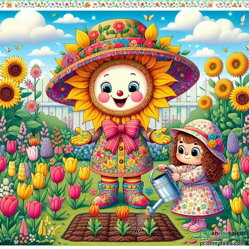 Um chapéu colorido chamado Léo, com padrões de flores vibrantes e um sorriso alegre, está no centro de um jardim em plena floração, com os braços abertos, expressando grande alegria. Ao seu lado, Ana, uma menina de cabelos cacheados e olhos brilhantes, usa um vestido de flores e olha para Léo com admiração, segurando um regador cheio de água, pronta para regar as novas plantas. Ao fundo, o jardim está repleto de tulipas, narcisos e girassóis que dançam sob a brisa suave da primavera, enquanto um céu azul claro salpicado de nuvens brancas acrescenta um toque de magia à cena. A situação principal mostra Léo e Ana plantando sementes juntos, simbolizando a alegria da primavera e a importância da amizade e do cuidado com a natureza.