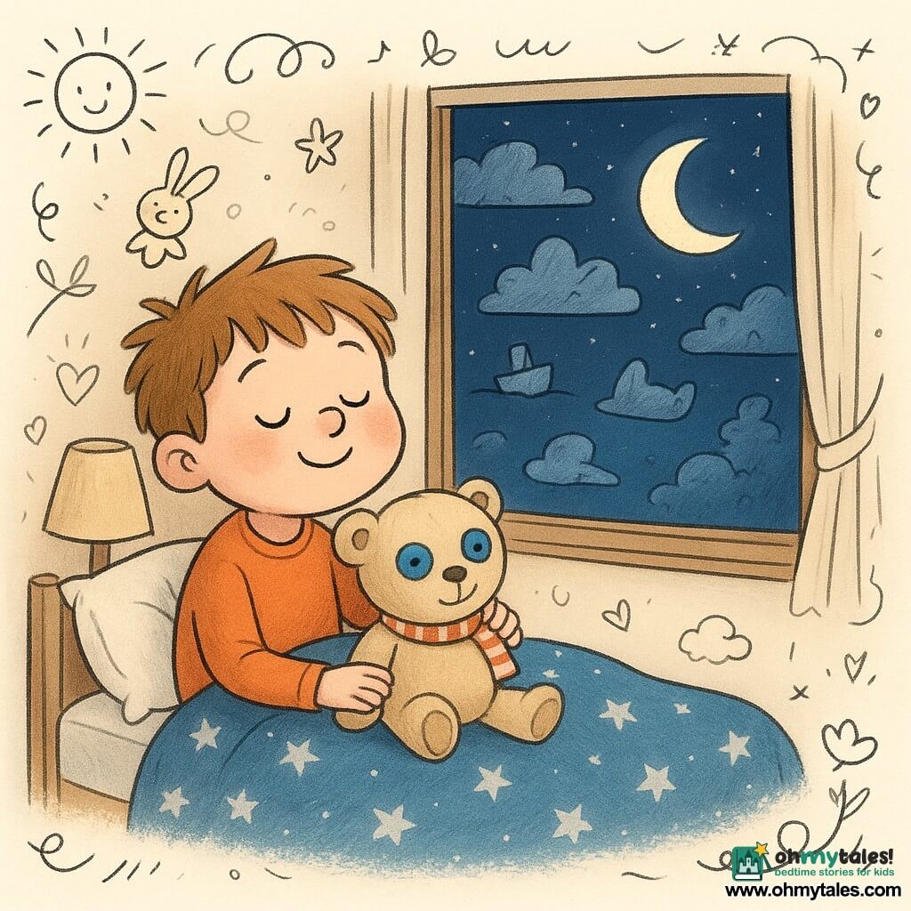 A 4-year-old boy, joyful and sleepy with a round face, rosy cheeks, half-closed smiling eyes and tousled light brown hair, leans on his bed edge looking out the open window while holding a large beige plush "Mr. Buttons" with blue button eyes and a striped scarf, seated on the pillow beside him; the single bed has a blue star blanket, cream walls are dotted with childlike drawings, a yellow fluffy rug and a bedside lamp are present, and outside a deep navy night sky with a gentle full moon, a few twinkling stars and clouds shaped like pancakes, a shoe, a cat and a boat drifts by as the boy quietly counts them with a dreamy smile under soft moonlight and warm indoor contrasts.