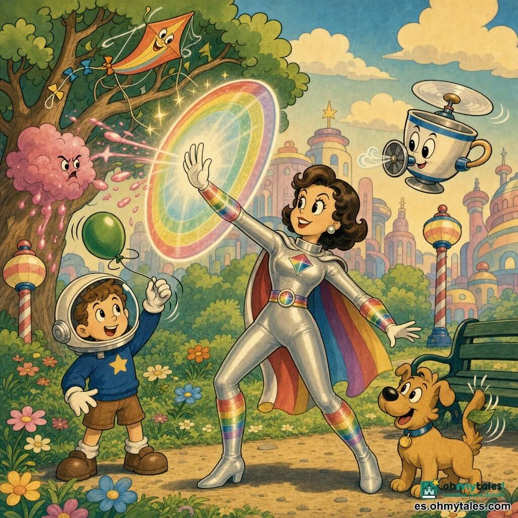 Una heroína, Capitana Prisma, sonriente y concentrada, con traje plateado y bandas arcoíris brillantes, en pose energética con el brazo alzado activando un gran escudo circular de luz colorida; a su derecha flota Taz, un pequeño dron con forma de taza y expresión traviesa que sopla con un mini ventilador; delante a la izquierda hay un niño de unos 7 años con casco de astronauta blanco, aliviado porque el escudo protege su globo verde; a la derecha en el suelo hay un perrito macho de pelo corto color caramelo moviendo la cola con una hoja pegada; lugar: Parque de las Estrellas, césped con flores, un árbol con una cometa atascada en sus ramas, farolas con forma de caramelos y cielo pastel con edificios de colores; la capitana repele una nube rosa de purpurina pegajosa con su escudo, las chispas caen sin pegar, el globo se suelta suavemente y la cometa se libera; ambiente alegre y heroico, colores vivos, trazos redondeados y estilo infantil cálido.