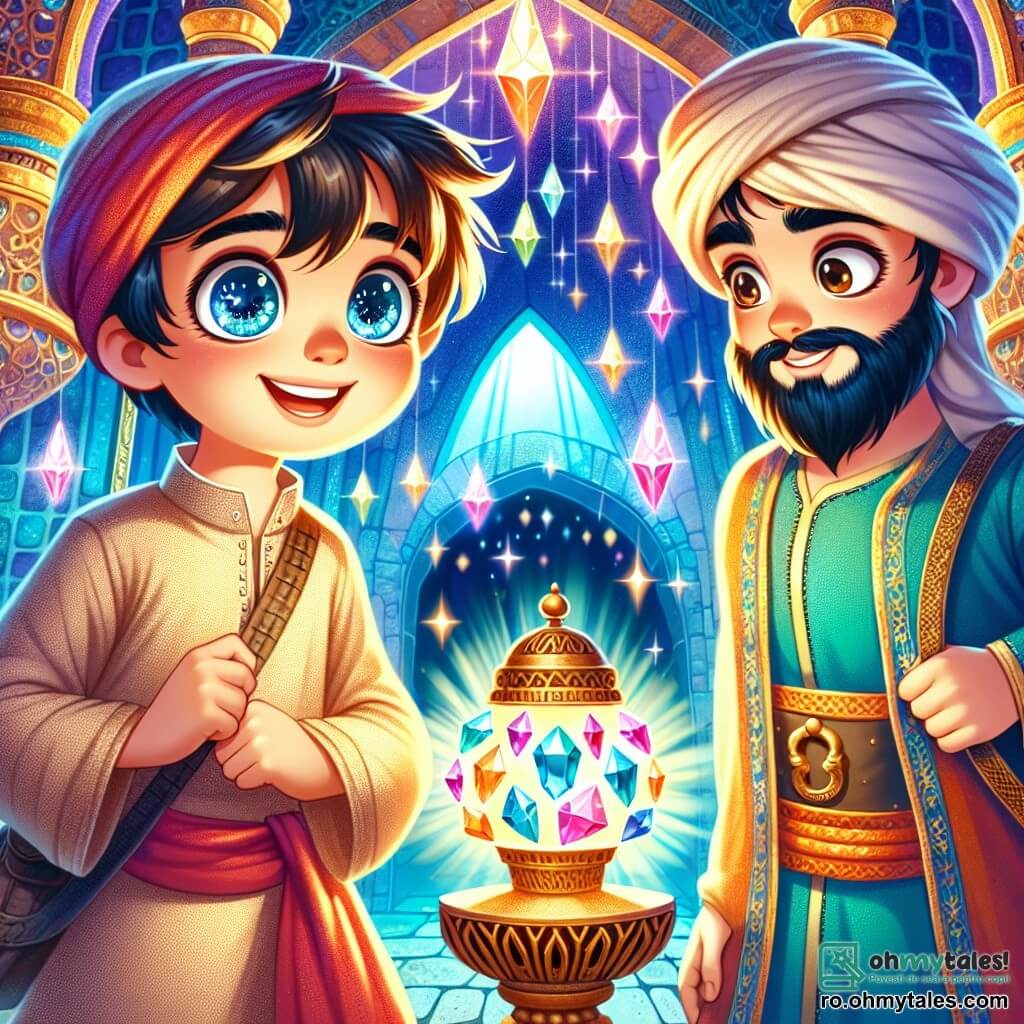 Amir, un băiat de aproximativ 12 ani, are ochi strălucitori ca stelele și un zâmbet curios. Poartă o tunică de in bej, ușor uzată, și un fular colorat pe cap. Se află în fața unei peșteri misterioase, cu inima bătând de emoție și uimire. Lângă el, Căpitanul Rami, un bărbat de aproximativ 30 de ani, are o barbă neagră și ochi pătrunzători. Poartă o tunică albastră împodobită cu motive aurii și ține un inel strălucitor în mână, pregătit să deschidă ușa peșterii. Peștera este majestuoasă, cu pereți strălucitori din pietre prețioase, cristale suspendate ca stelele și o lumină blândă care emană dintr-un suport din sârmă. În centru, o lampă veche stă, înconjurată de un halou luminos. Amir și Rami stau în fața intrării peșterii, pregătiți să descopere secretele pe care le ascunde. Atmosfera este plină de magie și aventură, în timp ce umbrele dansează în jurul lor, evocând povești vechi și comori ascunse.