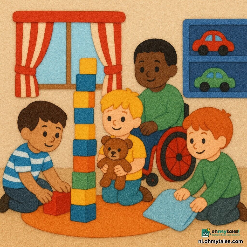 Vier jongens: Sam (6) kort bruin haar, blauw-wit gestreept T-shirt, gehurkt links duwt een blok; Bram (5) warrig blond, geel T-shirt, midden, knuffelbeer stevig vasthoudend en lachend; Joep (6) rood haar, groene trui, rechts op knieën, kijkt onder een kussen en wijst; Kyan (7) kort zwart haar, rode rolstoel, licht achter de toren, hand geruststellend op Brams arm, aandachtig en rustig. Warme vilten kinderkamer met beige stoffen vloer, rond oranje kleed, grote raam met rood-wit gestreept gordijn, blauwe plank met vilten autootjes en hoge, licht hellende toren van gekleurde blokken in het midden. Ze zoeken een bruine knuffelbeer die net achter een plooi van het gordijn vandaan piept; blije gezichten, behulpzame gebaren, vilten texturen, felle kleuren en zachte contouren.