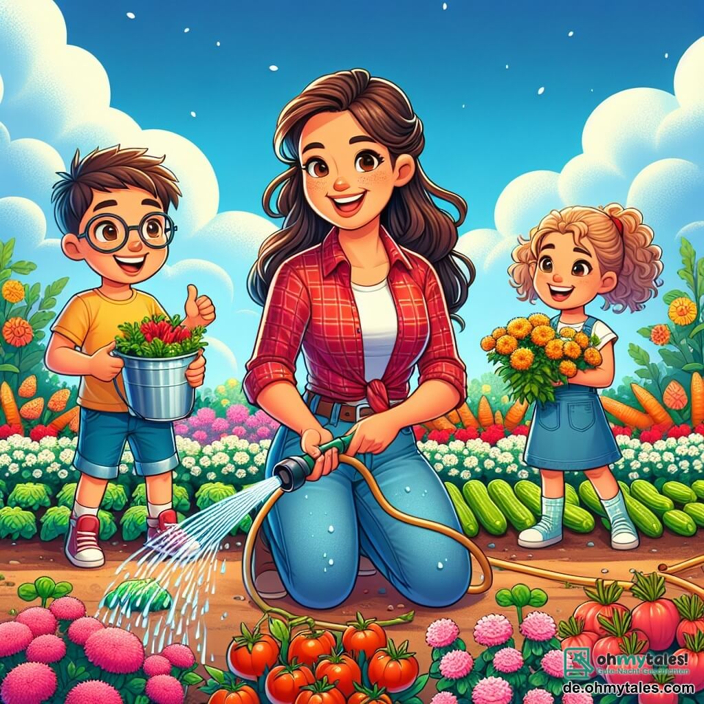 Eine lächelnde Landwirtin, etwa 30 Jahre alt, mit langen braunen Haaren, die zu einem Pferdeschwanz gebunden sind, trägt ein kariertes rotes Hemd und Jeans. Sie zeigt den Kindern, wie man die Pflanzen in ihrem bunten Garten gießt, ihr Gesicht strahlt vor Freude und Stolz. Max, ein 9-jähriger Junge mit Brille und einem gelben T-Shirt, hockt neben ihr und hält einen Gartenschlauch, während er lachend etwas Wasser auf die Blumen spritzt. Lisa, ein 8-jähriges Mädchen mit lockigem blonden Haar, steht im Hintergrund mit einem Eimer voller Samen und einem breiten Lächeln auf dem Gesicht, bereit, sie zu säen. Der Ort ist ein wunderschöner Bauernhofgarten, gefüllt mit Reihen von buntem Gemüse: roten Tomaten, orangefarbenen Karotten und grünen Gurken, unter einem klaren blauen Himmel mit ein paar weißen Wolken. Die Hauptsituation zeigt Anna, die Landwirtin, die den Kindern die Bedeutung der Pflanzenbewässerung beibringt, umgeben von der Schönheit der Natur mit leuchtenden Blumen und wachsenden Gemüse, was eine fröhliche und lehrreiche Atmosphäre schafft.