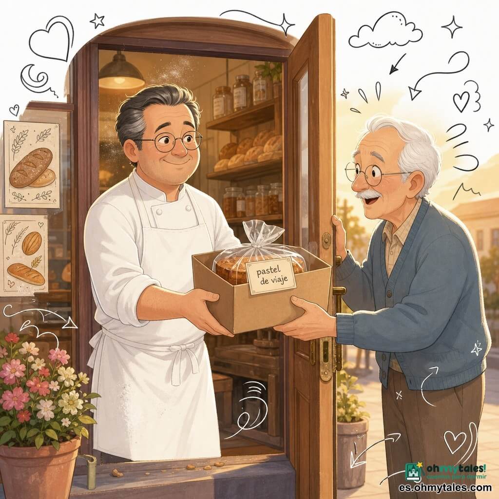 Un panadero de unos cuarenta años, rostro redondo, gafas finas, cabello canoso peinado hacia atrás y sonrisa amable, con delantal blanco y mangas remangadas, sostiene una caja de cartón con un pastel envuelto; un hombre mayor (señor Bruno), unos 75 años, cabello blanco, bigote gris, ojos dulces y postura algo encorvada, abre la puerta y extiende las manos, sorprendido y feliz; escena en la entrada de una pequeña panadería al atardecer, escaparate de madera barnizada, luz dorada, estantes con panes y frascos y un horno al fondo con polvo de harina en el aire; intercambio cálido: el panadero entrega cuidadosamente el "pastel de viaje" en su caja kraft con etiqueta visible y el vecino lo recibe en el umbral; detalles gráficos: migas, una maceta con flores y doodles (estrellas, corazones, líneas onduladas) alrededor del pastel para subrayar su olor y dulzura.
