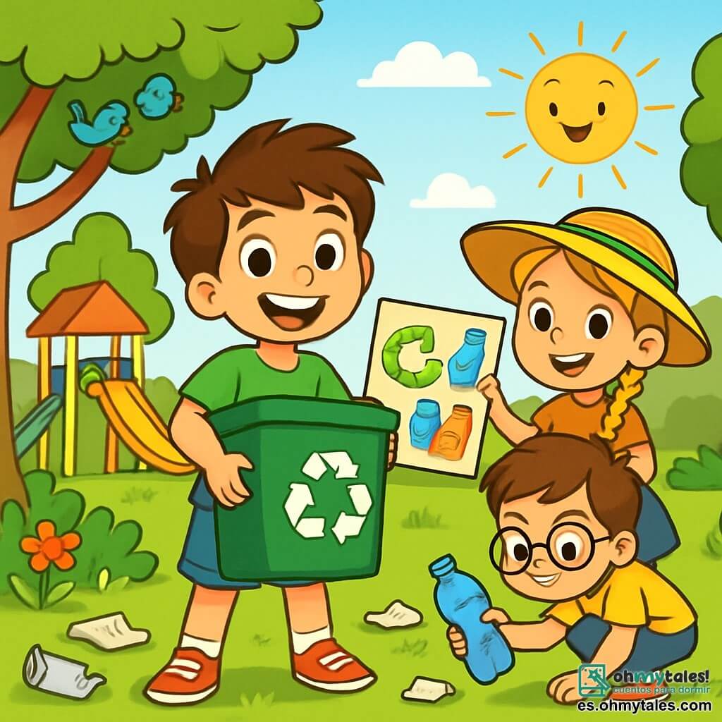 Un niño de 8 años, Lucas, con el pelo castaño desordenado y ojos brillantes de determinación, sonríe alegremente mientras sostiene un gran contenedor de reciclaje. Lleva una camiseta verde brillante y un pantalón corto de jean, y está rodeado de basura que recoge con entusiasmo. A su lado, Sofía, una niña de 7 años con cabello largo y rubio trenzado, lleva un sombrero de paja y sostiene un cartel colorido con dibujos de reciclaje. Ella sonríe y anima a otros niños a participar. Tomás, un niño de 8 años con gafas y cabello castaño, está recogiendo una botella de plástico, luciendo concentrado y decidido. La escena tiene lugar en un parque verde, lleno de árboles majestuosos, flores coloridas y un área de juegos al fondo. El sol brilla en un cielo azul claro, y los pájaros cantan alegremente en los árboles. Lucas y sus amigos están limpiando el parque, recogiendo basura para hacerlo más bonito. Todos están motivados y felices, mostrando que incluso los pequeños esfuerzos pueden hacer una gran diferencia por el planeta.