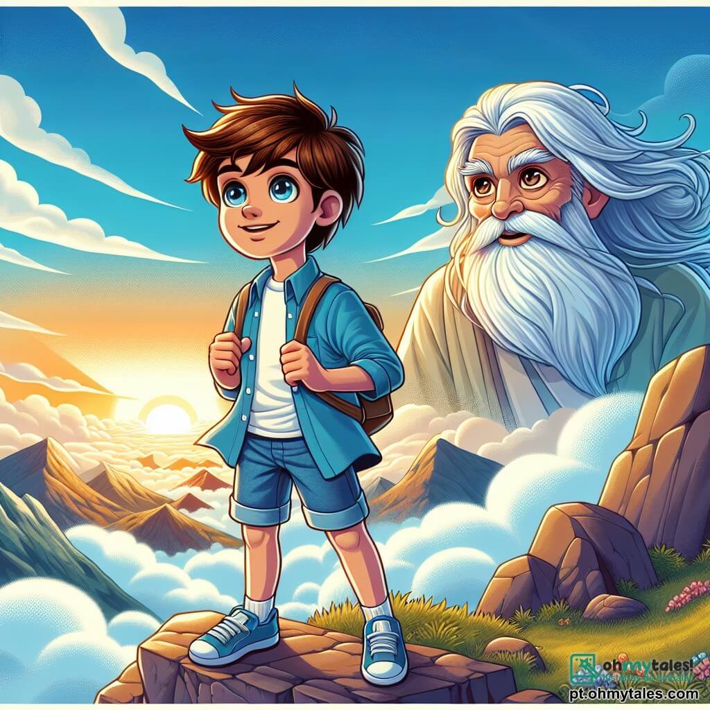 Um garoto de 12 anos, Lucas, está no topo de uma montanha majestosa, seus olhos brilhantes cheios de admiração e determinação. Com cabelos castanhos bagunçados, uma camisa azul e um short de jeans, ele observa o horizonte com um sorriso radiante, como se tivesse descoberto um segredo precioso. Ao seu lado, um velho sábio com uma longa barba branca e roupas flutuantes, o Conselheiro Sábio, o observa com benevolência. Ele tem cerca de 70 anos, olhos brilhantes de sabedoria, e se mantém um pouco afastado, de braços cruzados, como se esperasse que Lucas fizesse uma nova descoberta. O cenário ao redor é espetacular: nuvens fofas flutuam abaixo, enquanto o sol nasce, pintando o céu com tons dourados e rosados. A montanha é rochosa, salpicada de flores coloridas que acrescentam um toque de magia à cena. Lucas, no topo da montanha, contempla o vasto mundo abaixo, percebendo que cada pergunta que faz é uma porta aberta para novas descobertas e aventuras.