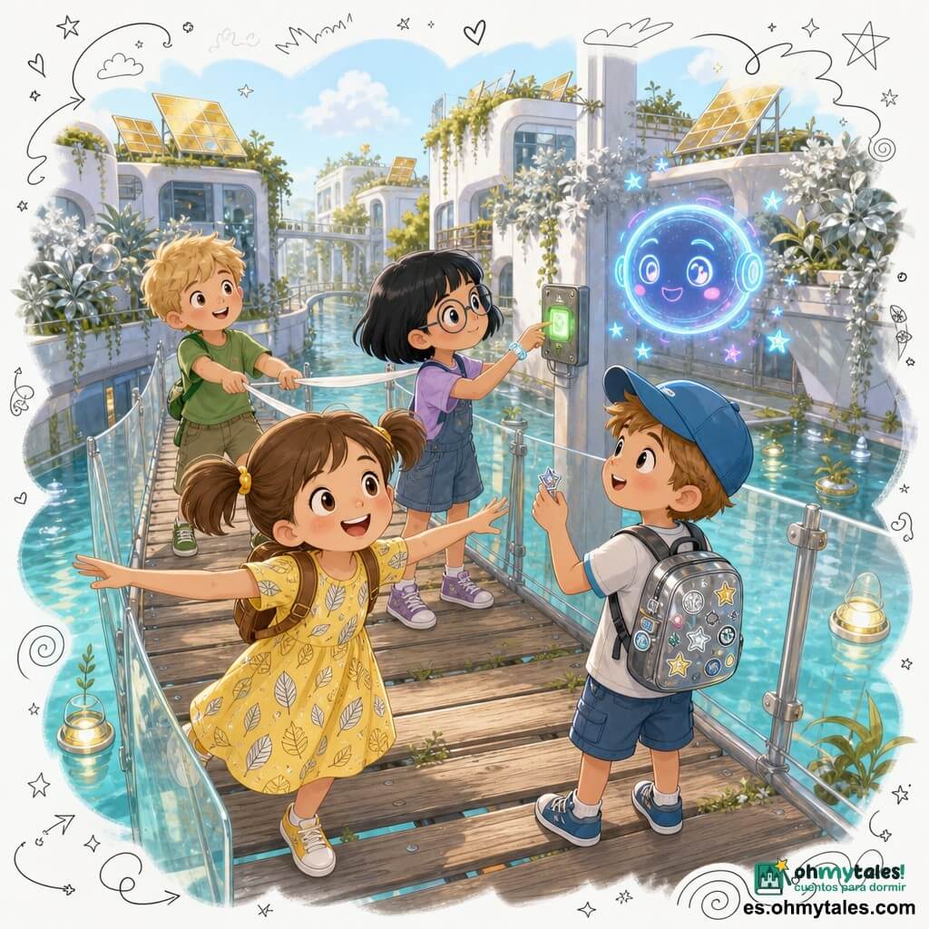 Hay cinco personajes: Luna, niña de 6 años con dos coletas y vestido amarillo, a la izquierda en primer plano con los brazos abiertos; Tomás, niño de 6 años con gorra azul y mochila, a la derecha sosteniendo una pegatina brillante; Ada, niña de 6 años con pelo corto y gafas, al centro detrás mirando un pequeño dispositivo gris en la pared; Bruno, niño de 7 años con pelo rubio y camiseta verde, atrás tirando de una cinta blanca; y el holograma Guiño, esfera con rostro sonriente en neón azul y rosa flotando a la derecha emitiendo pequeñas estrellas. Ambientado en una pasarela suspendida sobre un canal de agua clara con barandillas transparentes y tablones de madera reciclada, edificios blancos con jardines en las azoteas y paneles solares dorados al fondo, vegetación plateada y pequeñas luces flotantes. Los niños reabren la pasarela orientando reflectores y enviando un rayo de luz que enciende un boquete gris en verde mientras la barrera se eleva, con luz solar suave reflejada en el agua, expresiones alegres y colaborativas, atmósfera futurista y cálida en colores pastel, texturas nítidas y pequeños destellos y flechas que indican la acción.