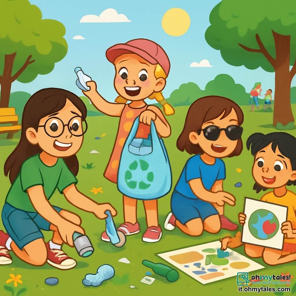 Ci sono 4 bambini: - Sofia: una ragazza di 10 anni, con lunghi capelli castani e occhiali rotondi. Indossa una maglietta verde e un pantaloncino di jeans. Sta raccogliendo rifiuti con un grande sorriso. - Giulia: una ragazza di 9 anni, con capelli biondi intrecciati e un cappellino rosa. Indossa un vestito a fiori e tiene un sacco di riciclaggio pieno di bottiglie di plastica. È accanto a Sofia e mostra un rifiuto trovato. - Marta: una ragazza di 10 anni, con capelli castani e occhiali da sole. Indossa una maglietta blu e pantaloni corti. Sta disegnando un grande cartello a terra con pastelli colorati, spiegando a Chiara. - Chiara: una ragazza di 9 anni, con capelli neri e due codini. Indossa una maglietta gialla e un pantaloncino. È seduta a terra, ascoltando attentamente Marta mentre tiene un cartello colorato già completato. La scena si svolge in un parco soleggiato, pieno di alberi verdi e fiori colorati. Si vedono panchine di legno e bambini che giocano in lontananza. Il terreno è coperto di rifiuti, ma i bambini lavorano duramente per pulirlo. La situazione principale mostra le quattro amiche in azione, raccogliendo rifiuti e creando cartelli colorati per sensibilizzare i passanti sull'importanza del riciclaggio. L'atmosfera è gioiosa e dinamica, con sorrisi e risate, mentre si sforzano di rendere il loro parco più pulito e bello.