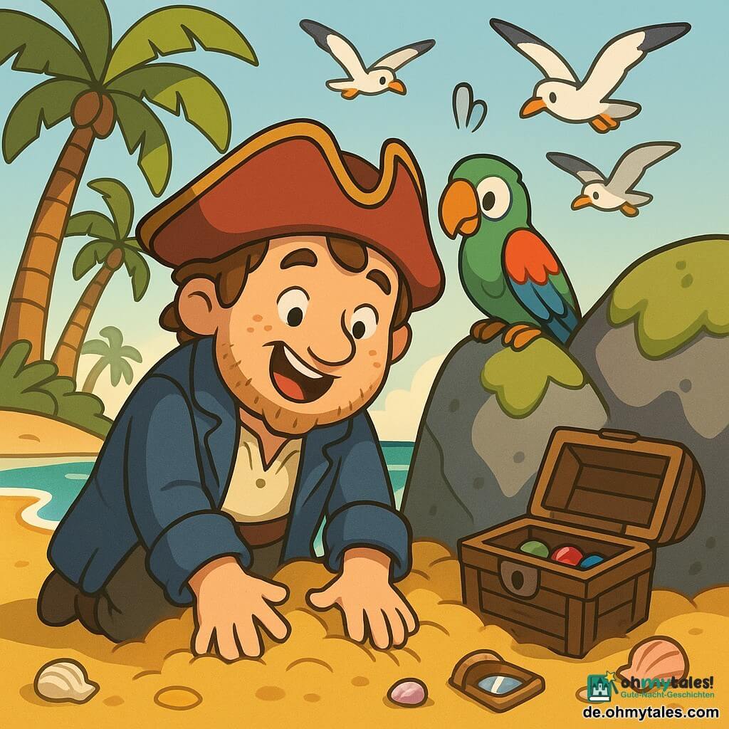 Ein Mann, Kapitän Leo, lächelnd und erstaunt, rundes Gesicht mit Sommersprossen, zerzauste braune Haare und kleiner Bart, trägt abgenutzten marineblauen Piratenmantel und roten Dreispitz; er gräbt fröhlich mit den Händen im Sand vor einem großen moosfleckigen Felsen. Ein bunter Papagei (grün, blau, rot) sitzt auf seiner rechten Schulter, neckisch und zur Truhe blickend. Mehrere weiße und graue Möwen fliegen darüber, Flügel ausgebreitet und rufen fröhlich. Ort: sonnige tropische Insel mit goldenem Sand, geschwungenen Palmen, türkisfarbenem Wasser und vereinzelten Muscheln. Szene: der Kapitän hat gerade eine kleine alte Holztruhe am Fuße des Felsens geöffnet; darin bunte Steine und ein kleines glänzendes Spiegelchen, das sein Lächeln reflektiert; warme Stimmung, kräftige Farben, weiche Schatten und einfache Texturen für Kleinkinder.