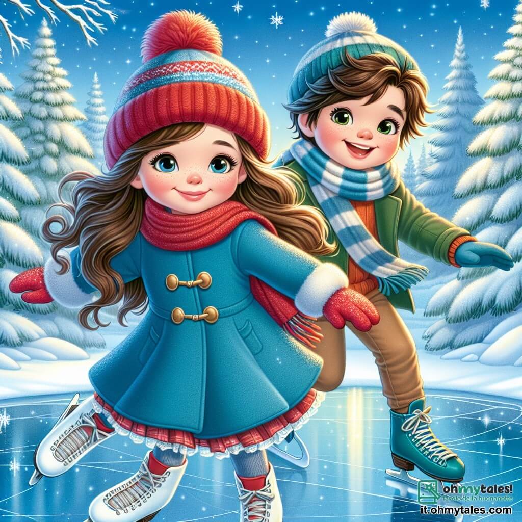 Una ragazza di 9 anni, Sofia, con lunghi capelli castani e guance rosa, sorride con meraviglia mentre pattina su un lago ghiacciato. Indossa un cappotto blu vivo, un berretto rosso con pompon e guanti di lana. Accanto a lei, un ragazzo di 8 anni, Marco, con capelli castani e occhi brillanti, ride cercando di non cadere, vestito con una sciarpa a righe e una giacca verde. Si trovano su un lago circondato da alberi maestosi, i cui rami sono carichi di neve scintillante sotto un cielo azzurro chiaro. La scena trasmette un'atmosfera gioiosa e invernale, piena di risate e magia, mentre fiocchi di neve cadono dolcemente intorno a loro.