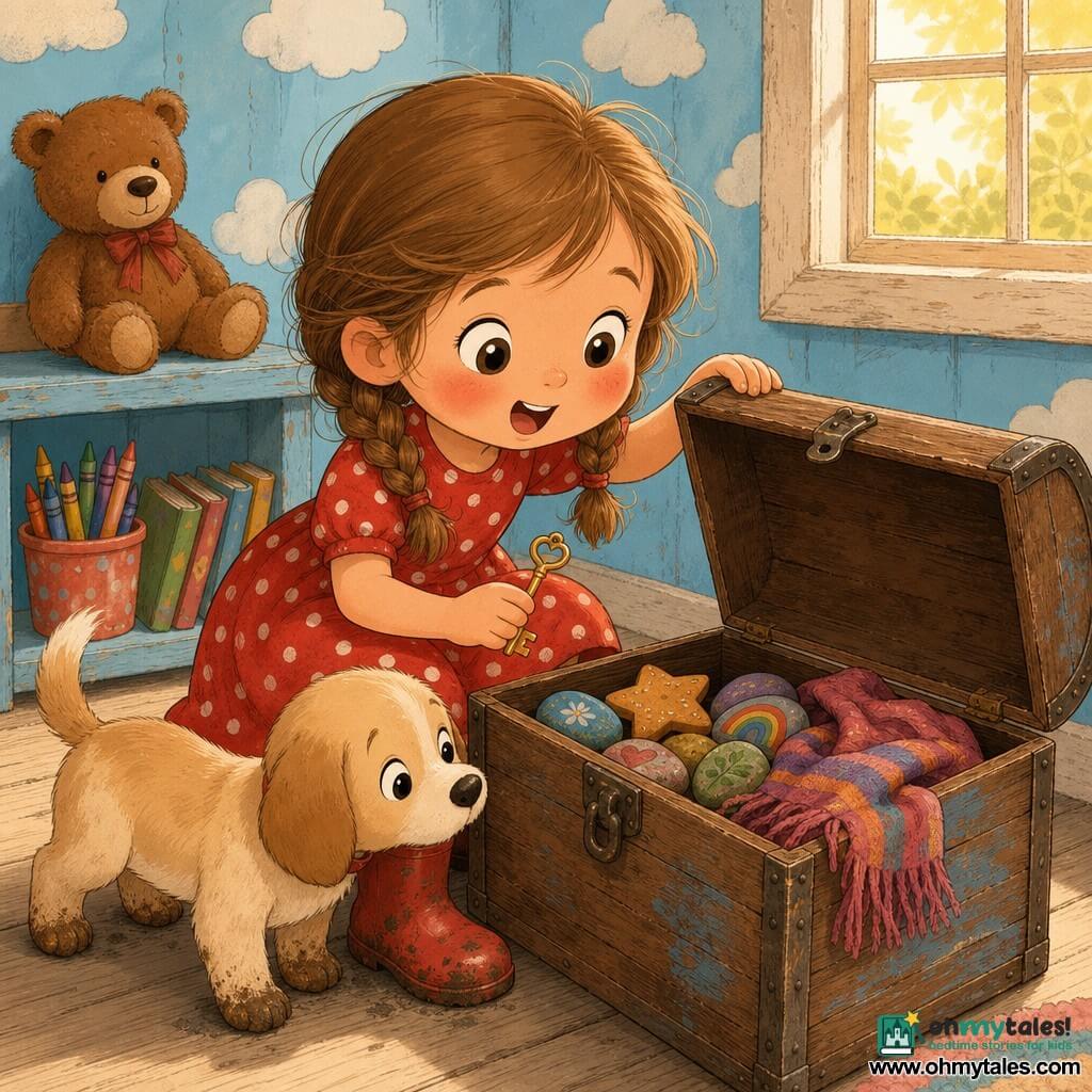 A 4-year-old girl with a round face, light brown braided hair, big bright eyes and an enchanted smile holds a small golden key in one hand and opens a wooden chest with the other; she looks happy and curious with rosy cheeks, leaning toward the chest, wearing a red polka-dot dress and muddy red boots. A beige-eared puppy named Pip wags his tail and sniffs the chest at her right feet. A worn brown teddy bear sits on a low shelf behind her. The scene is inside a sky-blue playhouse with white clouds, light wooden plank floor, a small shelf of crayons and books, and a square window letting in golden light. The open chest contains painted stones, a star-shaped cookie and a colorful scarf; the centered composition uses warm colors and tactile textures (grained wood, plush fabric, cracked paint).