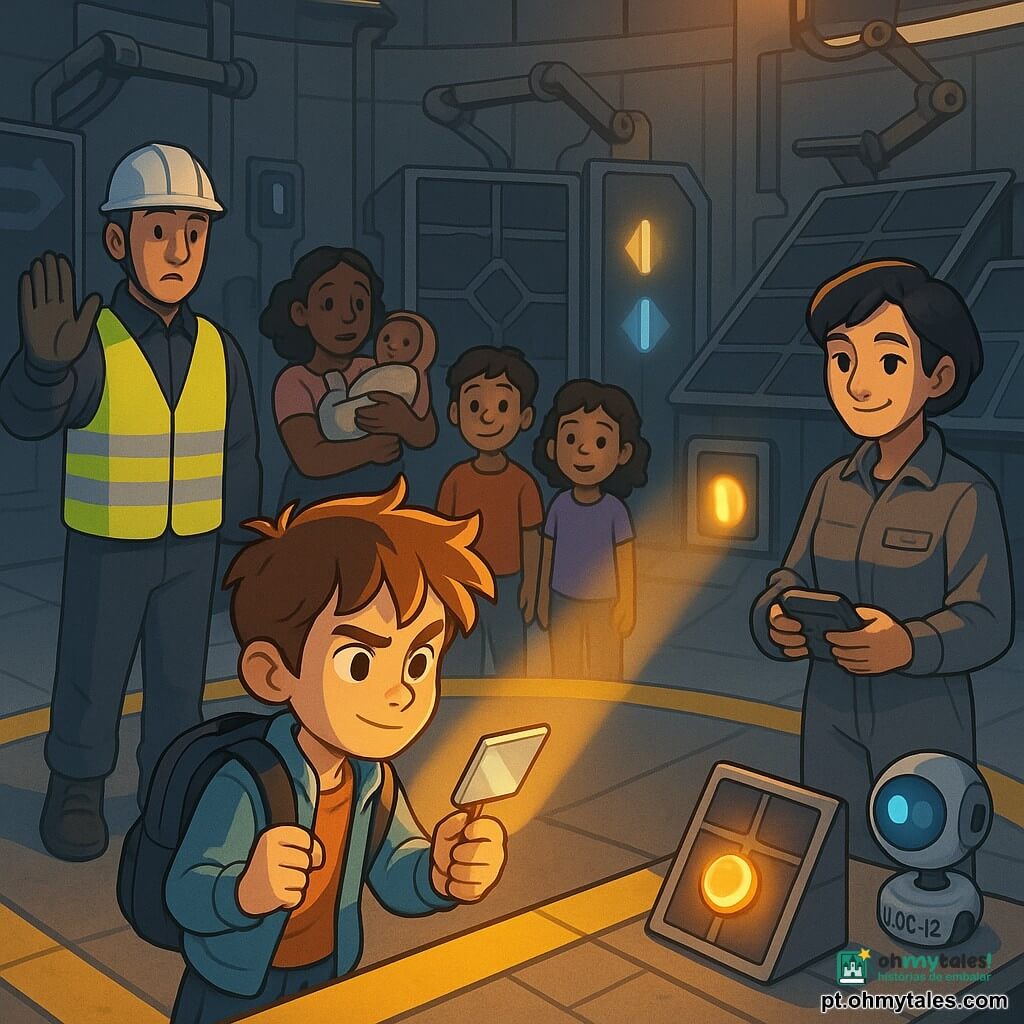 Um menino de 12 anos, expressão determinada, cabelo castanho desgrenhado, veste jaqueta leve azul e mochila, segura um pequeno micro-espelho prateado inclinando-o ao sol; está atrás de uma linha amarela no chão, braço estendido, rosto iluminado por um feixe de luz. Uma engenheira de cerca de 35 anos, cabelo curto preto, roupa de trabalho cinza com crachá "Eng. Nara", observa com admiração e alívio, segurando um pequeno aparelho de diagnóstico. À esquerda, um agente de mobilidade de ~40 anos com colete refletivo e capacete mantém a multidão atrás das marcas de segurança. Atrás da linha amarela estão uma jovem mãe de ~28 anos segurando um bebê em panos e dois crianças (um menino e uma menina de cerca de 8 anos), surpresos mas tranquilos. O robô UOC-12, módulo redondo com um “olho” azul luminoso, está na borda de uma mesa perto da engenheira, piscando fracamente. Local: rotunda industrial circular com piso marcado por largas linhas amarelas, totens digitais e paredes cobertas de painéis solares e braços robóticos ao fundo; paleta em cinza claro, metal, amarelo e azul, luz dourada do sol atravessando uma atmosfera levemente escurecida. Situação: o menino redireciona um raio de sol com o micro-espelho para uma fachada de painéis solares baixos, despertando um reflexo vívido que acende um botão de assistência; a multidão permanece atrás da linha, a tensão dá lugar ao alívio num momento heroico sem violência.
