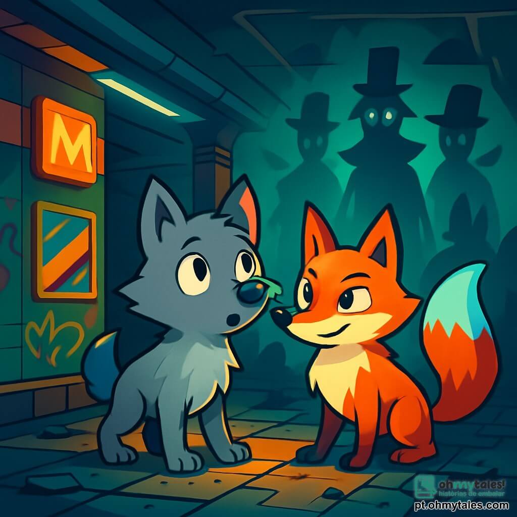 Um pequeno lobo de olhos prateados, com pelagem cinza e orelhas pontudas, está no centro de uma estação de metrô abandonada, com uma expressão curiosa e maravilhada. Ele cheira o ar, suas patas delicadas sobre pedaços de piso rachado, enquanto uma suave luz de néon ilumina seu rosto. Ao seu lado, uma raposa de cauda azul vibrante, com pelagem brilhante e olhos travessos, observa atentamente as sombras ao redor. Ela exibe um sorriso confiante, pronta para compartilhar seus segredos com o lobo. Ao fundo, silhuetas misteriosas com chapéus altos e asas translúcidas se reúnem, seus rostos iluminados por brilhos coloridos, criando uma atmosfera mágica e intrigante. A estação é adornada com grafites vibrantes e velhos painéis luminosos, enquanto detritos de metrôs esquecidos cobrem o chão. A cena principal mostra o lobo e a raposa descobrindo uma sociedade secreta de criaturas fantásticas, com os olhos arregalados de admiração, prestes a entrar em um mundo de magia e aventura.