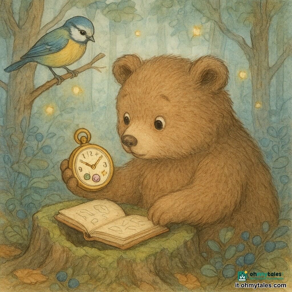 Un orsetto bruno paffuto (aspetto di peluche realistico) guarda meravigliato e un po' esitante un piccolo orologio tondo in metallo lucido che tiene nella zampa sinistra; viso dolce, occhi grandi e brillanti, muso polveroso, pelo morbido e postura inclinata in avanti come se ascoltasse il ticchettio, nella cavità di un vecchio tronco coperto di muschio verde c'è un piccolo taccuino di cuoio aperto vicino all'orologio con pagine scarabocchiate in scrittura infantile, una cinciallegra vivace è posata su un ramo appena sopra, piume gialle e blu ben definite, guarda l'orsetto di sbieco, diverse lucciole dorate fluttuano intorno creando un'atmosfera magica; il luogo è un bosco di bacche blu con tronchi nodosi, tappeto di foglie ocra, macchie di mirtilli lucenti, raggi di sole obliqui e polvere nell'aria; situazione principale: l'orsetto scopre l'orologio temporale nel tronco, la luce del meccanismo emette un alone morbido, si vedono pulsanti colorati (foglia verde, stella dorata, spirale viola), la scena è congelata nel momento in cui tende la zampa per toccare un pulsante, atmosfera misteriosa ma calda con palette di toni caldi, verdi muschio, blu mirtillo e tocchi dorati.