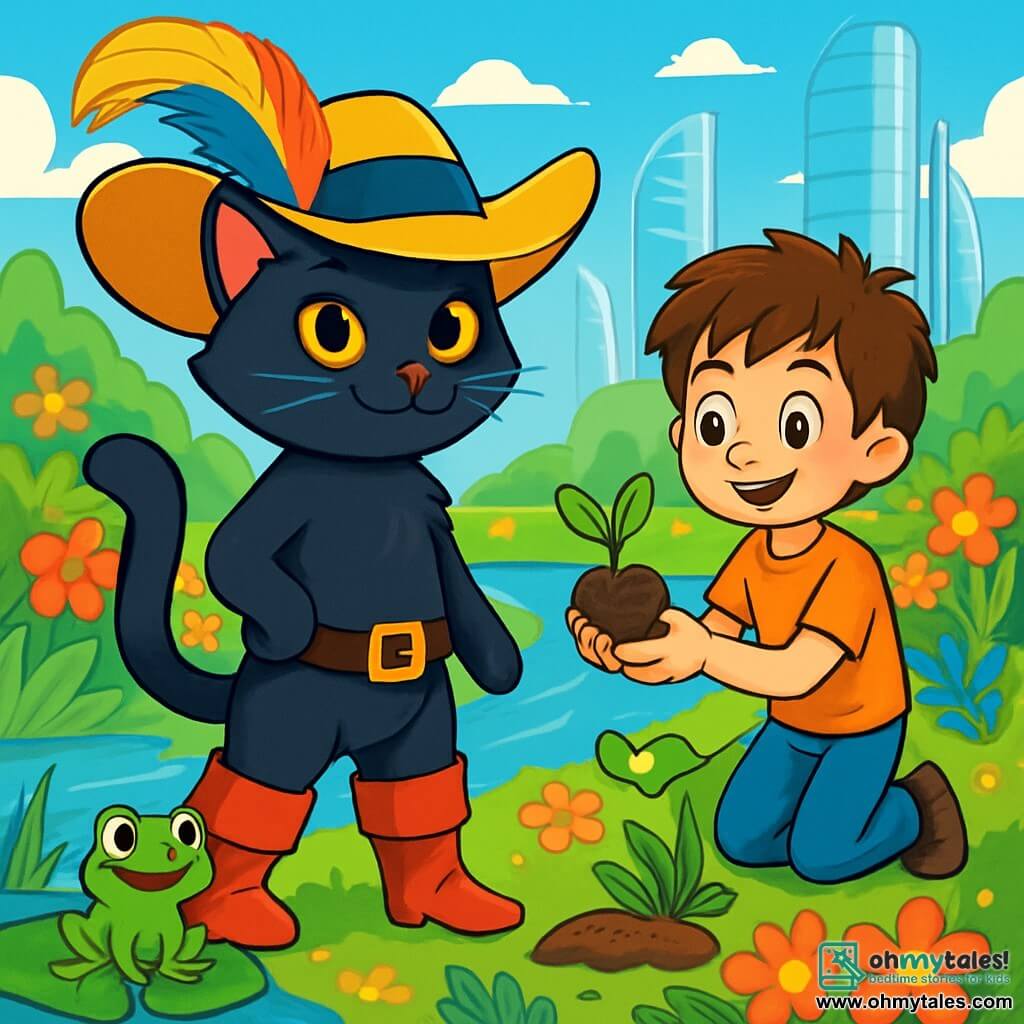 In the foreground, Puss in Boots, an elegant feline with silky black fur, wears shiny boots and a hat adorned with a colorful feather. His expression is determined and mischievous, with sparkling curious eyes. Next to him is a young boy named Marcus, around 10 years old, with messy brown hair and bright eyes, holding a small plant in his hands, ready to plant it by the riverbank. A small green frog, with round mischievous eyes, sits on a lily pad, watching the scene with a playful look. The setting is by a sparkling river, surrounded by lush gardens and futuristic glass towers, where colorful flowers bloom under a bright blue sky. The main scene shows Puss in Boots and Marcus planting seeds by the river, while the frog encourages the children to care for nature, creating an atmosphere of joy and hope for the future.