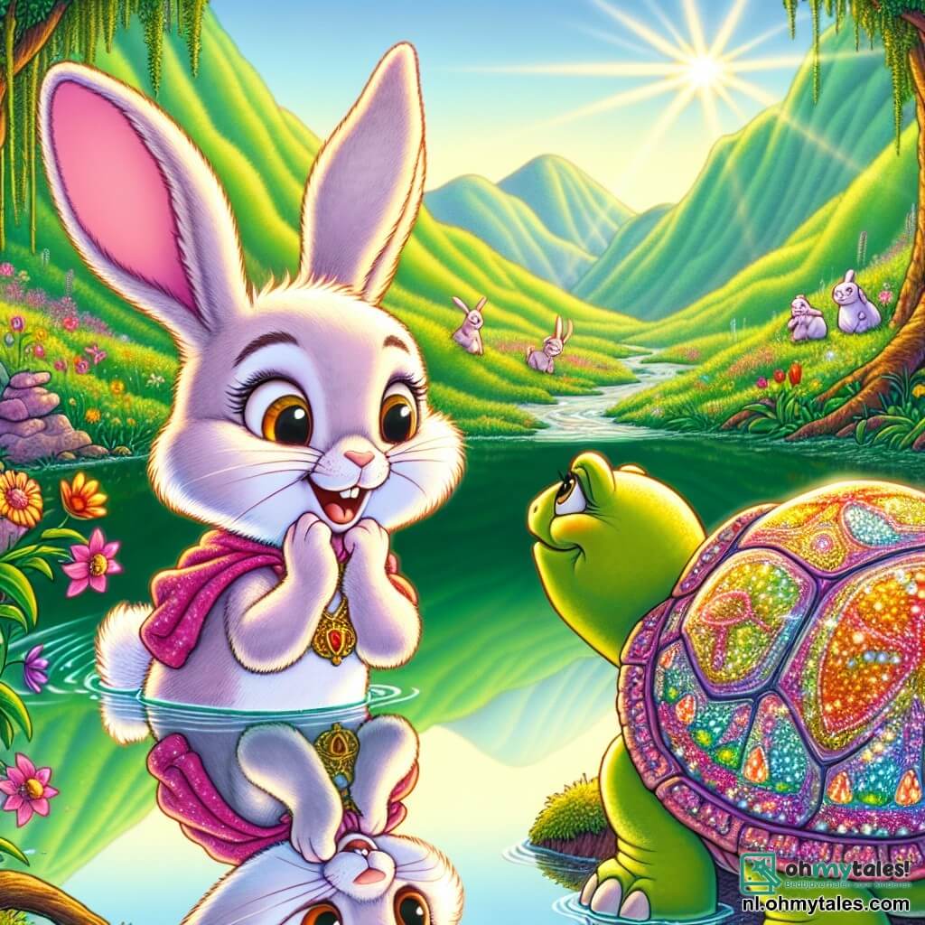 Rocco, een jonge konijn met grote oren en een wit-roze vacht, staat aan de rand van een majestueuze reflectievallei, zijn ogen sprankelend van nieuwsgierigheid en verwondering. Hij kijkt enthousiast naar zijn reflectie in een glinsterende water spiegel, waar beelden van zijn vrienden en avonturen zich vermengen. Dichtbij observeert de wijze schildpad, met een schild versierd met kleurrijke patronen, Rocco met een welwillende glimlach, haar traagheid contrasterend met de energie van het konijn. Ze lijkt trots en gelukkig, zittend op een met mos bedekte rots, klaar om haar wijsheid te delen. De omgeving is betoverend: groene bergen rijzen op de achtergrond, terwijl kleurrijke bloemen dansen in de wind rondom de vallei, en zonnestralen filteren door de bomen, wat een magisch lichtspel creëert. De hoofd situatie toont Rocco die de schoonheid van zijn reflectie ontdekt, beseffend hoe belangrijk het is om zowel zijn sterke als zwakke punten te kennen, terwijl de schildpad hem aanmoedigt deze waarheid met liefde en wijsheid te omarmen.