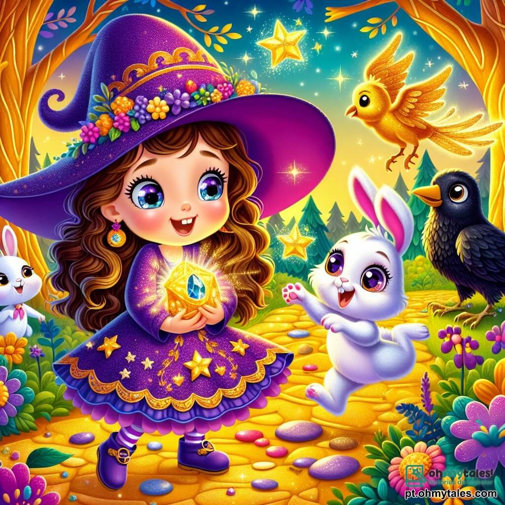 Uma menina pequena, Sofia, é uma aprendiz de bruxa de cinco anos, com longos cabelos cacheados e olhos brilhantes de curiosidade. Ela usa um chapéu pontudo roxo adornado com estrelas douradas e um vestido colorido. Sofia sorri maravilhada, segurando uma pena dourada cintilante em suas pequenas mãos. Ao seu lado, um coelhinho travesso chamado Saltitão, com pelagem branca e orelhas longas, pula alegremente, seus olhos brilhando de travessura. Uma corvo sábio chamada Pipoca, com penas negras e olhos redondos, pousou em um galho, observando atentamente a cena com um ar inteligente. A cena ocorre em uma floresta encantada, onde árvores com troncos dourados se erguem majestosas, suas folhas brilhando sob a luz do sol. Flores multicoloridas dançam ao redor delas, e um caminho de pedras brilhantes serpenteia pelo cenário mágico. Sofia, animada e determinada, se prepara para devolver a pena dourada a Solarino, o pássaro mágico, para salvar a luz de sua vila. A atmosfera está repleta de magia e aventura, com raios de luz dourada iluminando o caminho.
