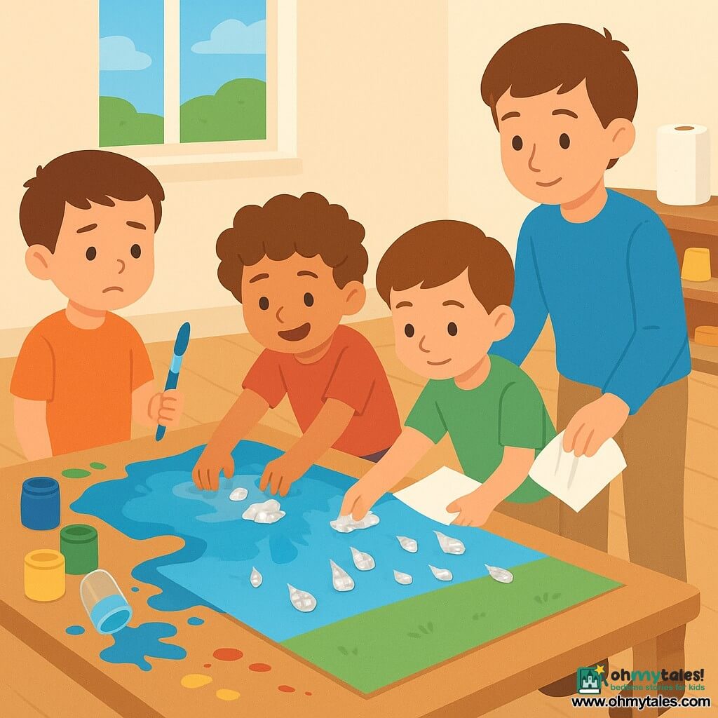 Four 5-year-old boys—Milo (short brown hair, round face) standing left of a poster holding a blue paintbrush and worriedly looking at a water stain; Ben (styled chestnut hair, gentle serious brows) kneeling right of the poster removing a wet sheet of paper; Leo (small, curly hair, mischievous) in front of the table placing shiny foil pieces on a tray; Sam (tall, calm) behind the table wiping the surface with a folded white cloth—in a bright classroom with light wood floors, large windows, low paint-splattered tables, paint pots and tipped water cups; a small paint-and-water spill has run blue across a flat poster of a blue sky and green field with glued foil “raindrops,” and the children calmly cooperate to blot, rescue the decorations and straighten the poster; soft, caring mood, bright colors, bold contrasts, simple shapes, flat vector style with clean outlines and smooth textures.