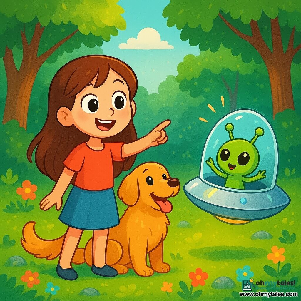 An 8-year-old girl named Lily, with long brown hair and sparkling curious eyes, stands at the center of the scene, smiling and amazed, pointing at a shiny spaceship. Beside her, her dog Max, a golden retriever with golden fur, looks on enthusiastically, his tail wagging joyfully. The setting is an enchanted clearing in the heart of a lush forest, surrounded by tall trees with vibrant green leaves, with rays of sunlight filtering through the branches, creating a magical atmosphere. The ground is dotted with colorful flowers and glowing stones that shimmer in the light. The main situation shows Lily and Max discovering a friendly little alien, with big round eyes and wavy antennas, who emerges from the spaceship. The alien seems joyful and curious, emitting melodic sounds, while Lily and Max watch in wonder, ready to share an incredible adventure.