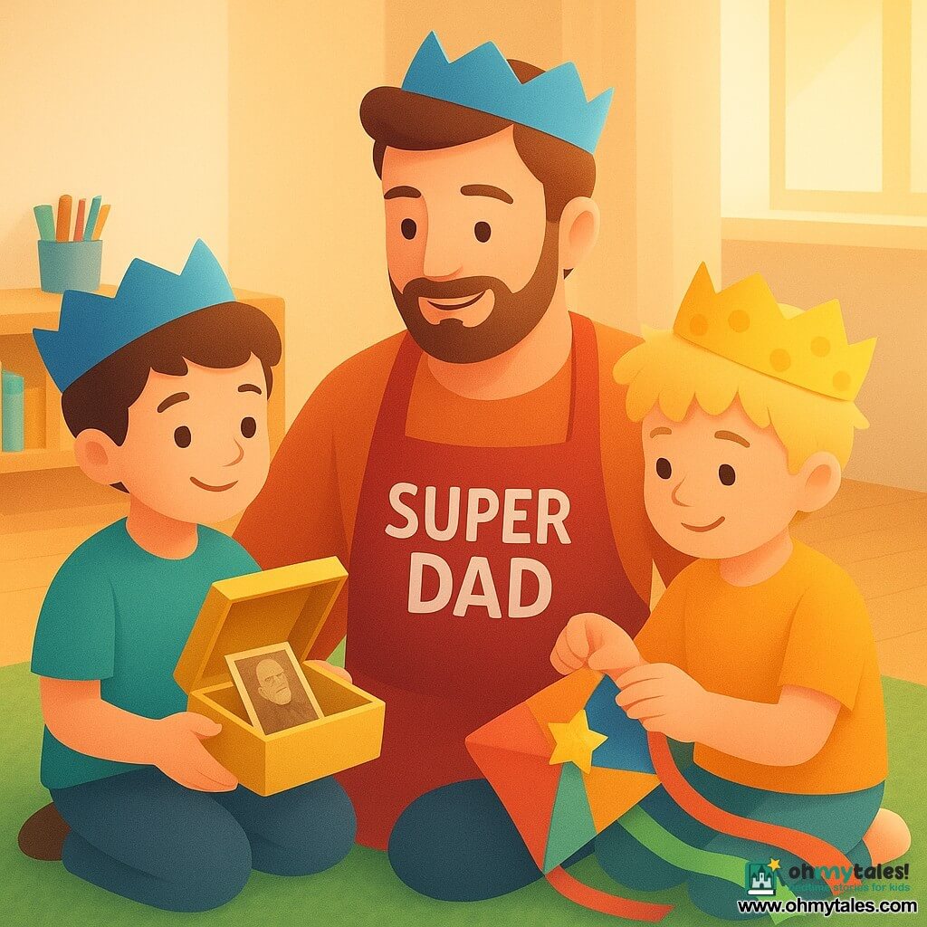 Three characters: a 6-year-old brown-haired boy sitting left on a green rug wearing a wavy blue paper crown, holding a small open gold box showing an old photo and a repaired red kite tail; a 6-year-old messy blond boy sitting right with a yellow polka-dot paper crown, sticking colorful ribbons onto the kite tail and holding a shiny star sticker; and their father, about 35, bearded, wearing a "SUPER DAD" apron, seated center back smiling with both small crowns on his head and looking at the box with emotion. Scene: a bright kitchen-living room with light wood floor, soft green rug, low table with toast and strawberries, shelves with crayons and books, morning golden light, warm clean atmosphere; the boys present the gold box containing the old photo and the repaired kite tail decorated with ribbons, creating a tender family moment with smiles and gentle gestures.