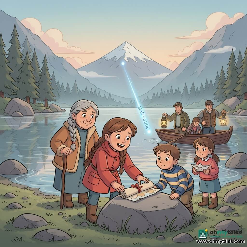 A young girl explorer (about 12) with a round face, brown braided hair, red coat and muddy boots holds a rolled map tied with a ribbon and smiles proudly, standing at the edge of a mountain lake with the map on a rock; an elderly woman (Mara, about 70) with gray braided hair, a wooden staff and a wool jacket stands slightly back on the shore watching kindly; a boy (about 7) with freckles and a striped sweater listens to a song while looking at the map and a girl (about 8) holds a paper boat and watches the lake; several adult fishermen (men 40–50) with low flashlights and dark rowboats are near the water in the background; the calm mountain lake is surrounded by pines, smooth rocks and light mist, the water reflecting a thin streak of light descending from the mountain, with a pebbled, wet grassy shore; twilight/dawn scene where the girl teaches the song to villagers as the thin Star-Guide light crosses the lake, warm lantern light mixed with cool starlight, soft pastel colors, simple shapes and clean lines in a 1990s cartoon style.