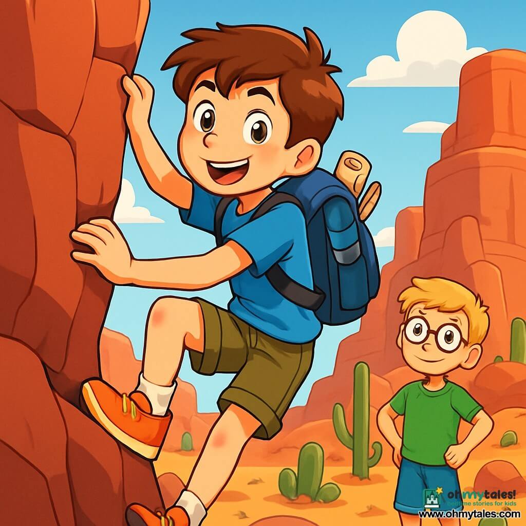 A young boy named Jack, about 12 years old with brown hair and sparkling curious eyes, is climbing a rocky plateau atop the majestic red cliffs. His face shows excitement and determination, with a wide smile and cheeks slightly flushed from effort. He wears a blue t-shirt, khaki shorts, and a backpack filled with exploration tools. Nearby, his friend Leo, a 12-year-old boy with blond hair and round glasses, watches with admiration from the base of the cliff, hands on hips, ready to cheer him on. Leo wears a green t-shirt and denim shorts, appearing worried yet proud. The setting is a desert landscape with towering red cliffs, dotted with green cacti and oddly shaped rocks. The sky is bright blue with a few fluffy white clouds. The main scene shows Jack climbing, gripping a rock hold, looking up at the summit with a defiant and joyful expression, while Leo encourages him from below with a big smile, creating an atmosphere of friendship and adventure.
