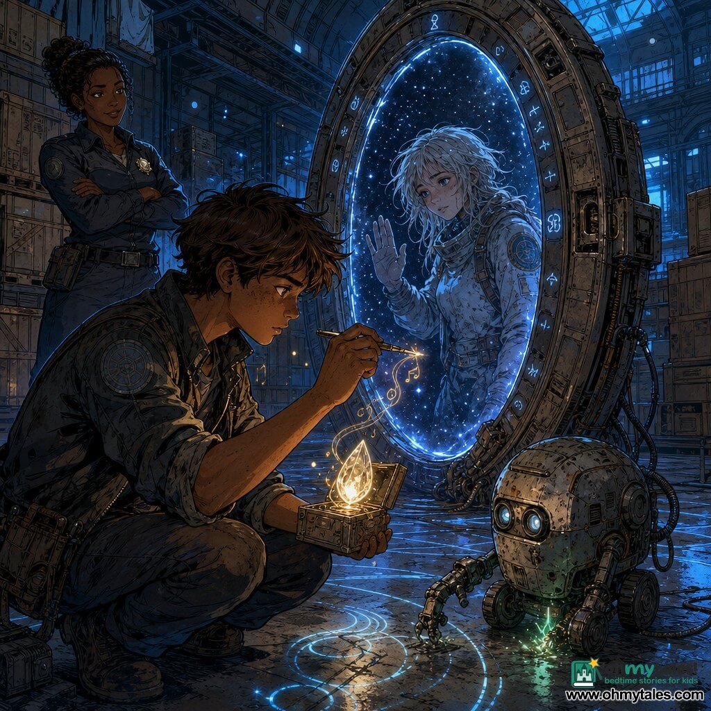 A teenage boy named Jory (~16), focused and moved, brow furrowed but eyes bright with wonder, messy light brown hair, oil-stained technician jacket, delicately holding an open small box with a tear-shaped crystal emitting a pale glow, crouched before a activating metal portal ring. A teenage girl named Eris (~16), breathless but relieved, pale skin, disheveled silver hair, wearing a worn spacesuit, presses a hand to the starry surface of the portal from the other side as if greeting, halfway through the oval of light. An adult woman, Mira (~35), worried yet amused, brown hair tied back, supervisor uniform with a shiny badge, stands back with arms crossed near a row of crates. A dented maintenance robot with corroded metal casing, two lens-eyes and an articulated arm rolls nearby, sparking green light like a faithful companion. The setting is Warehouse "Bay Seventeen," a vast hangar bathed in blue stasis light, stacked crates with mysterious labels and seals, concrete floor marked by spiral light traces, industrial ceiling light casting a cold glow. Main scene: Jory slowly adjusts a rune on the portal with his calibrator wand while the crystal emits a visual melody; the portal opens into a starry oval where Eris reaches out; the mood is tense but gentle, a mix of cold metal, blue light and warm gold from the crystal.