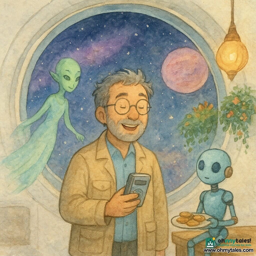 Dr. Ben, smiling and awestruck with salt-and-pepper hair, round glasses and a beige pocketed jacket, holds a small silver recorder and looks at the stars through a large round window; a small slender robot friend with a matte pale-blue metal body and copper joints stands on the table to his right holding a plate of space cookies; a young green-skinned alien woman with smooth skin, long luminous eyes and a floating translucent dress hovers near the hanging garden behind him; inside a bright space station with pearly white walls, round windows showing purple nebulae and pink planets, hanging gardens and light wooden floors, Dr. Ben records a lullaby for the crew in warm golden light, creating an atmosphere of curiosity and tenderness.