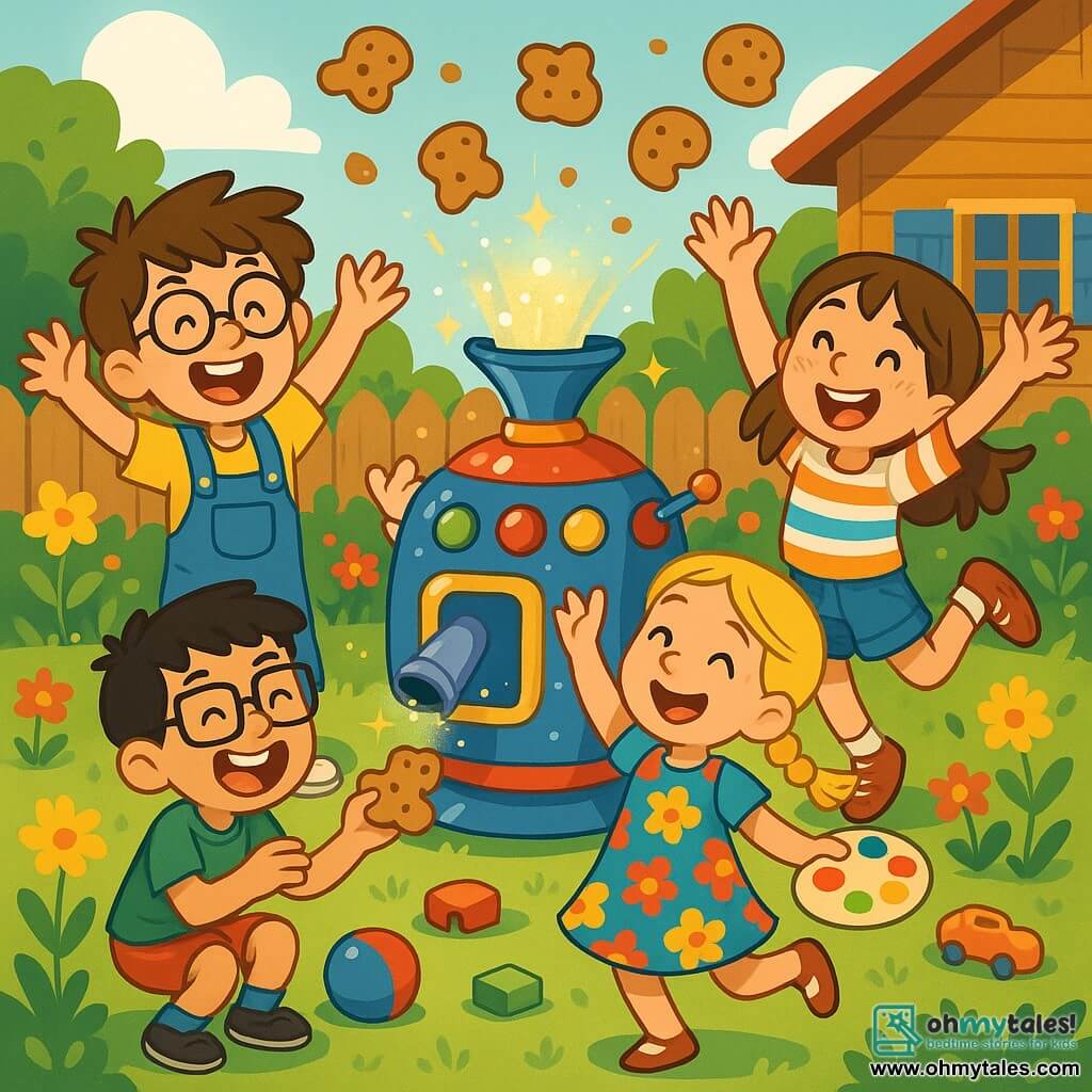 There are 4 children: - **Benny**: a 9-year-old boy with messy brown hair and round glasses. He wears blue overalls and a yellow t-shirt, standing next to the Wibbly Wobbly Machine with his arms raised in excitement. - **Emma**: an 8-year-old girl with braided blonde hair and a bright smile. She wears a colorful dress with flower patterns and holds a paint palette in one hand, joyfully dancing around Benny. - **Max**: a 9-year-old boy with black hair and square glasses. He wears a green t-shirt and red shorts, crouching and laughing while holding a wobbly creature-shaped cookie. - **Mia**: an 8-year-old girl with brown hair and freckles. She wears a striped t-shirt and denim shorts, jumping enthusiastically with her arms in the air, surrounded by cookies falling from the sky. The scene takes place in Benny's garden, filled with colorful flowers and scattered toys, with a wooden house and blue shutters in the background. The Wibbly Wobbly Machine, a colorful device with shiny buttons and blinking lights, is at the center of the garden, surrounded by sparkling glitter clouds. The main situation shows the children dancing and laughing around the Wibbly Wobbly Machine as a rain of wobbly cookies falls from the sky, creating a joyful and playful atmosphere, with their faces lit up by the magic of the moment, filled with happiness and surprise.